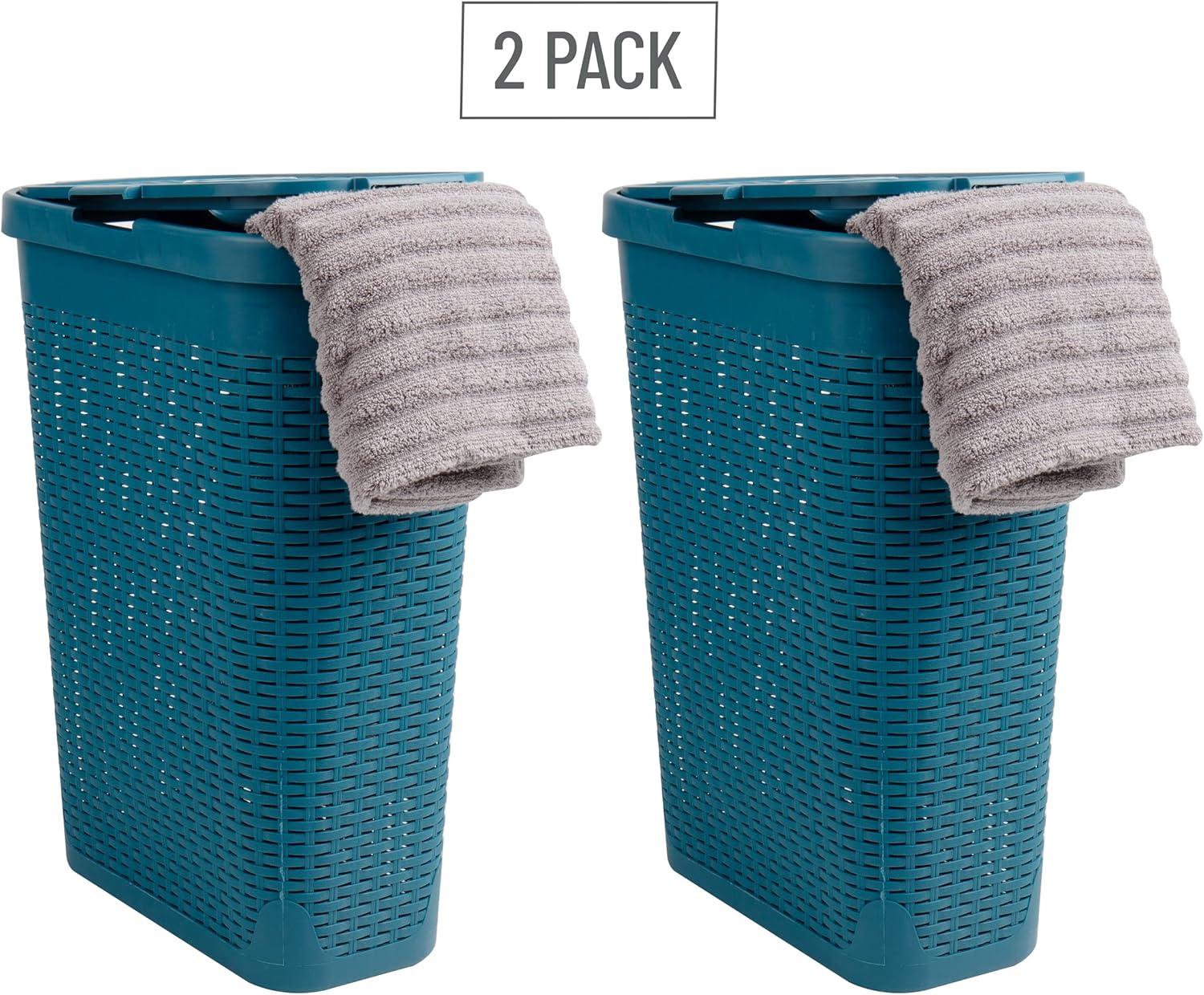 Mind Reader 40L Slim Laundry Hamper, Clothes Basket, Lid, Wicker Design, Plastic, 18"L x 10.4"W x 23.5"H, Set of 2, Blue