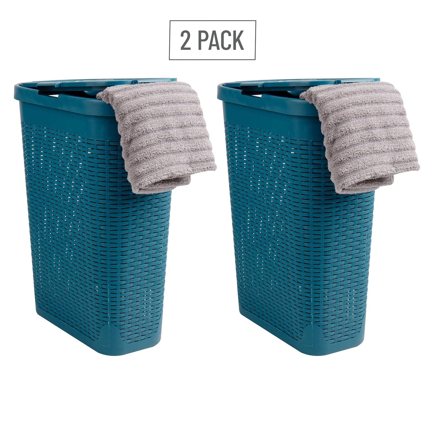 Mind Reader 40L Slim Laundry Hamper, Clothes Basket, Lid, Wicker Design, Plastic, 18"L x 10.4"W x 23.5"H, Set of 2, Blue