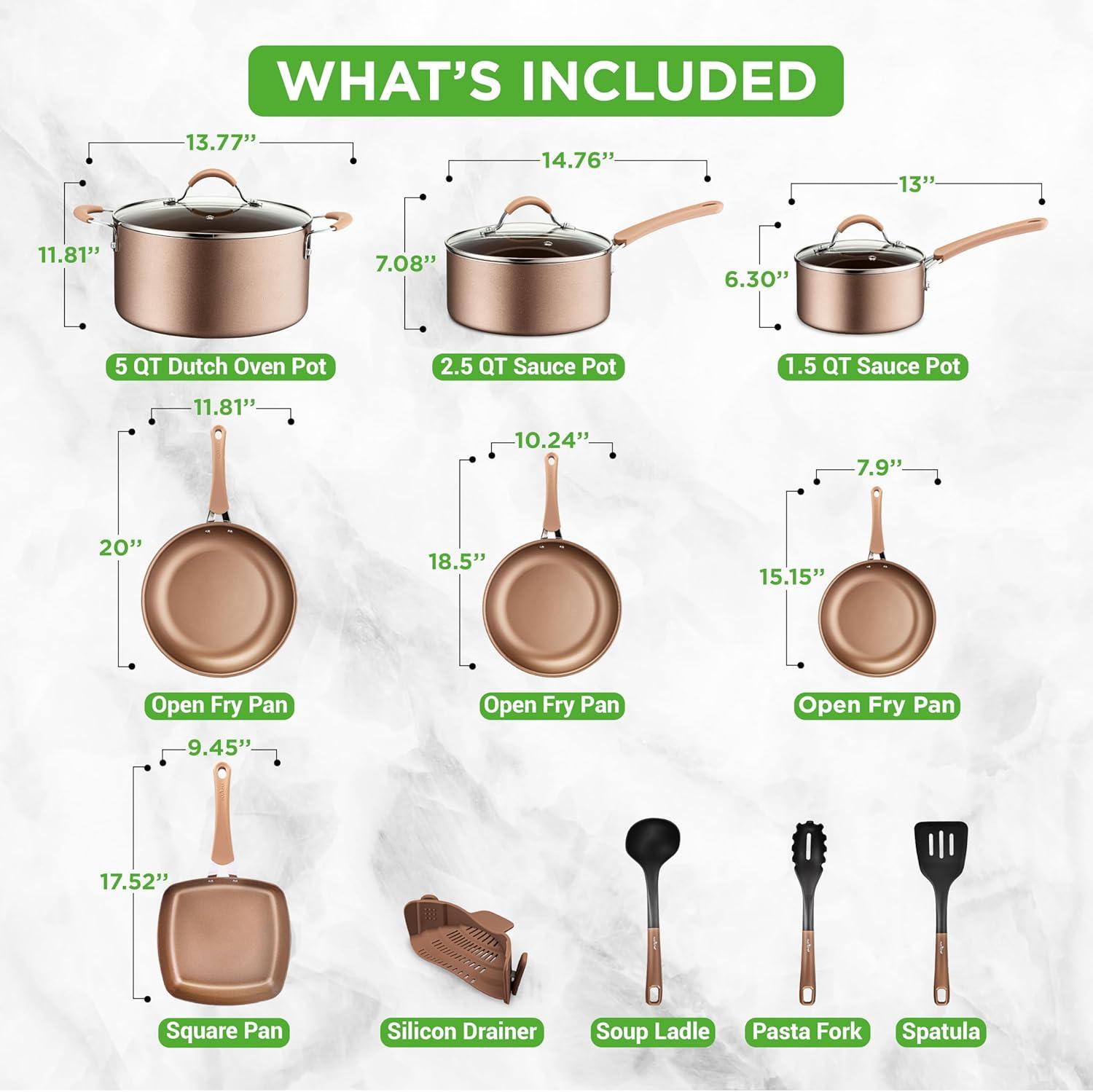 Open Box NutriChef Nonstick Cooking Cookware Pots and Pans, 14 Pc Set, Bronze