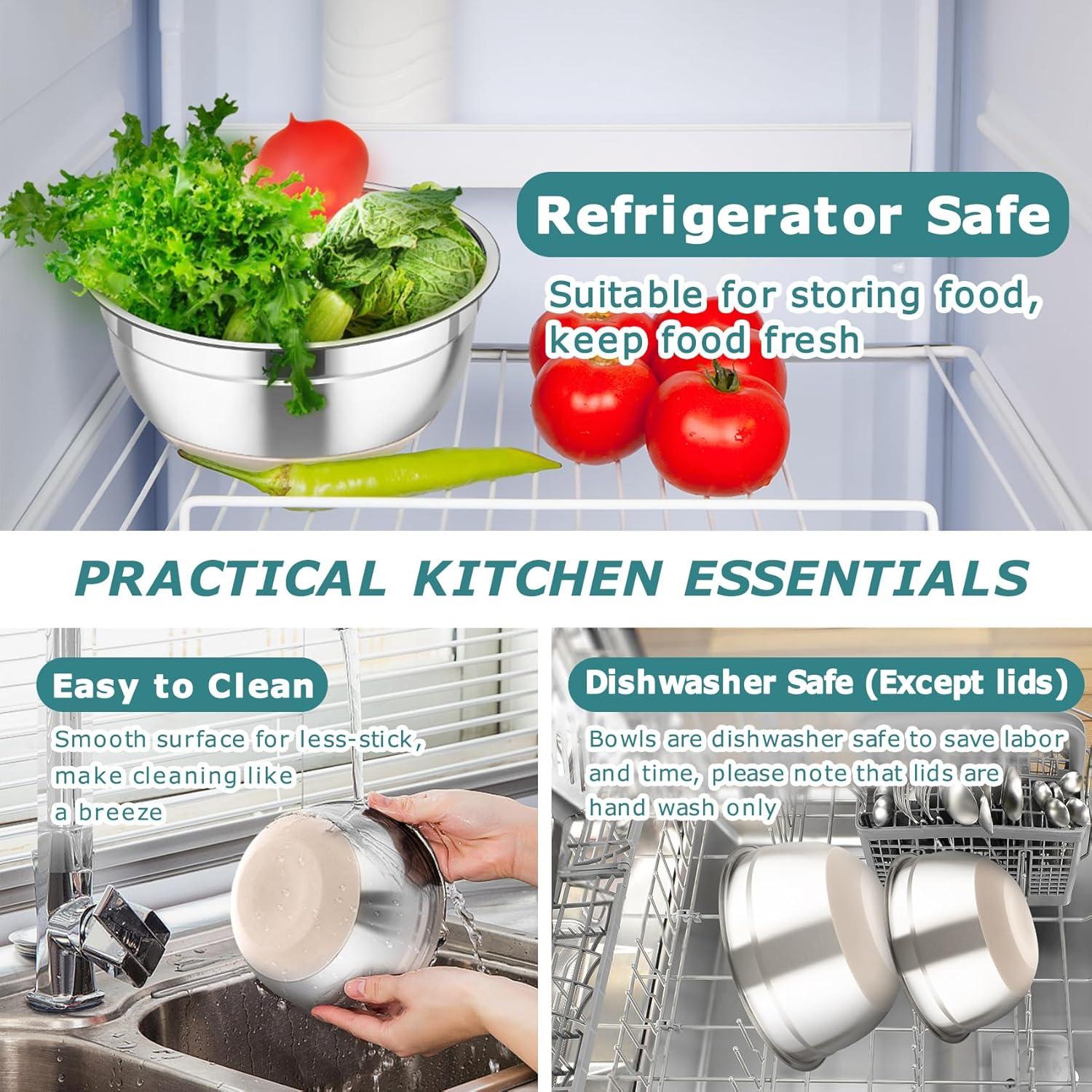 Toledo Bath & Kitchen Stainless Steel Mixing Bowls With Lids, 5-Pack Metal Nesting Bowls With Airtight Covers For Cooking, Baking, Serving, Storage, Non-Toxic & Dishwasher Safe, Size 4.6/3/1.5/1/0.7QT - Khaki