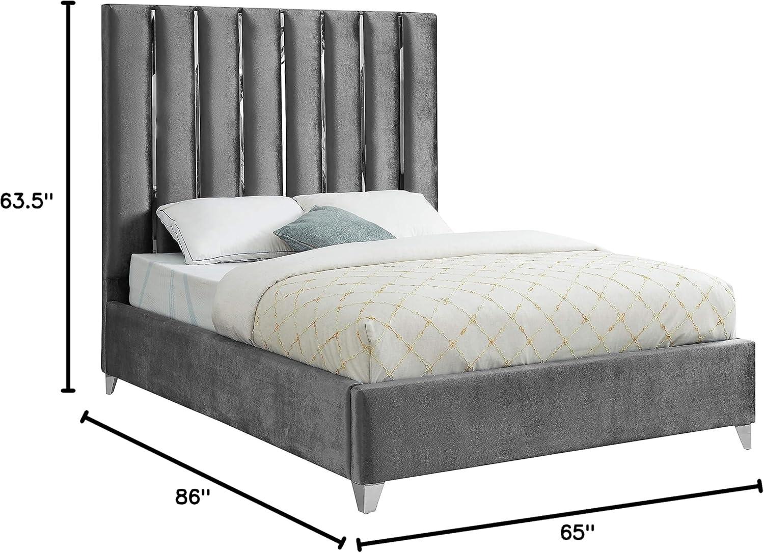 Grey Velvet Upholstered Queen Bed with Tufted Headboard