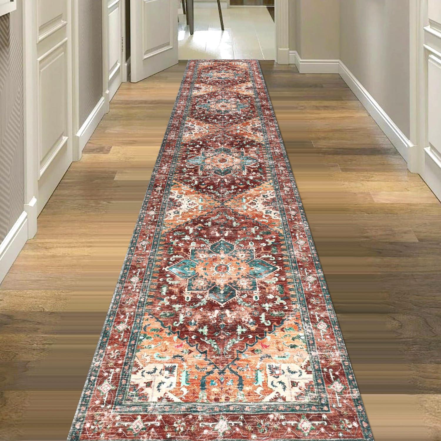 Yamaziot Washable Runner Rug, 2x10 Non-Slip Boho Vintage Hallway Rug Runner with Rubber Backing, Stain Resistant Distressed Carpet Runner for Bedroom, Kitchen, Laundry, Entrance