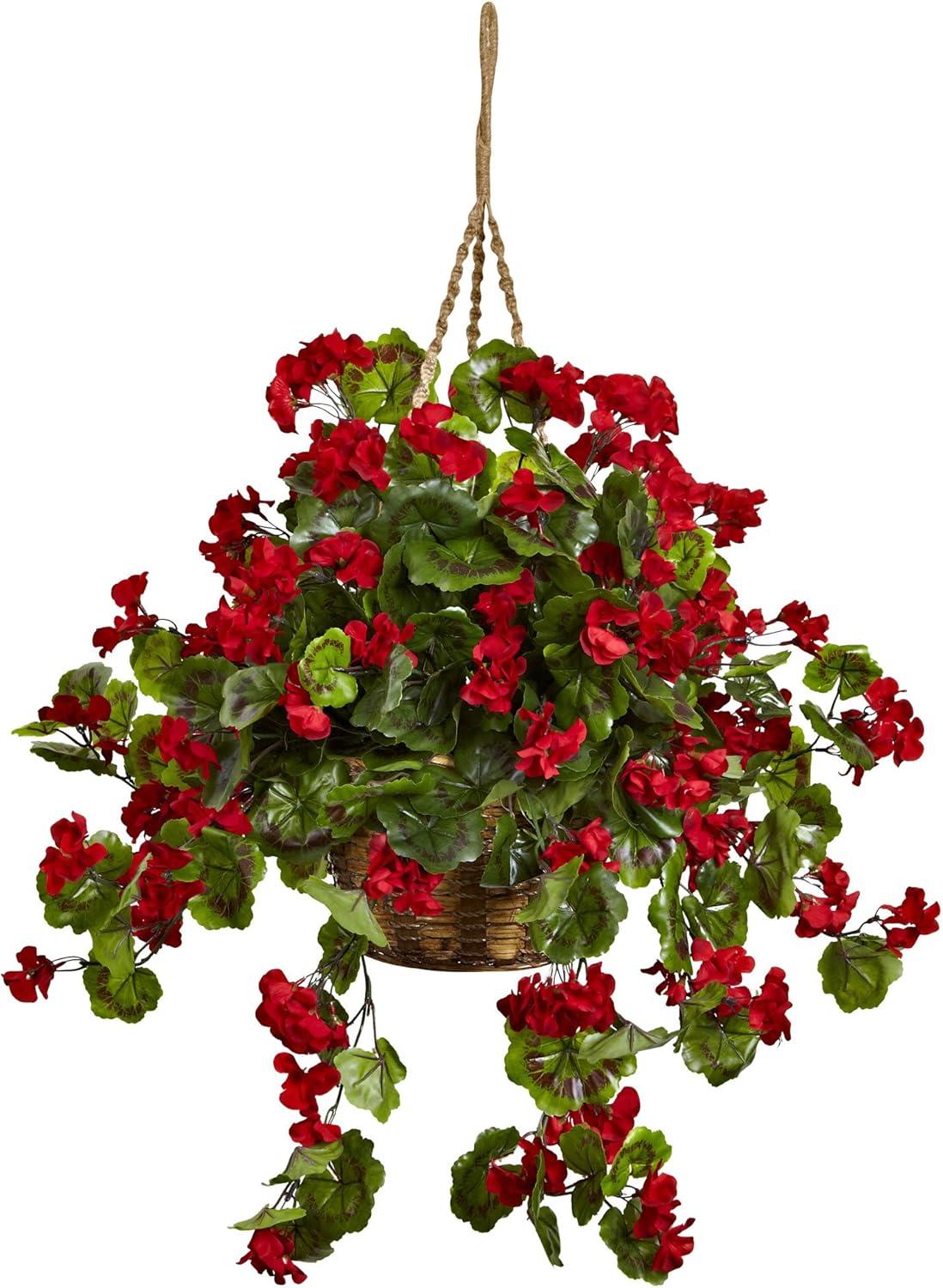 Red Geranium Hanging Basket with Greenery for Outdoor Decor