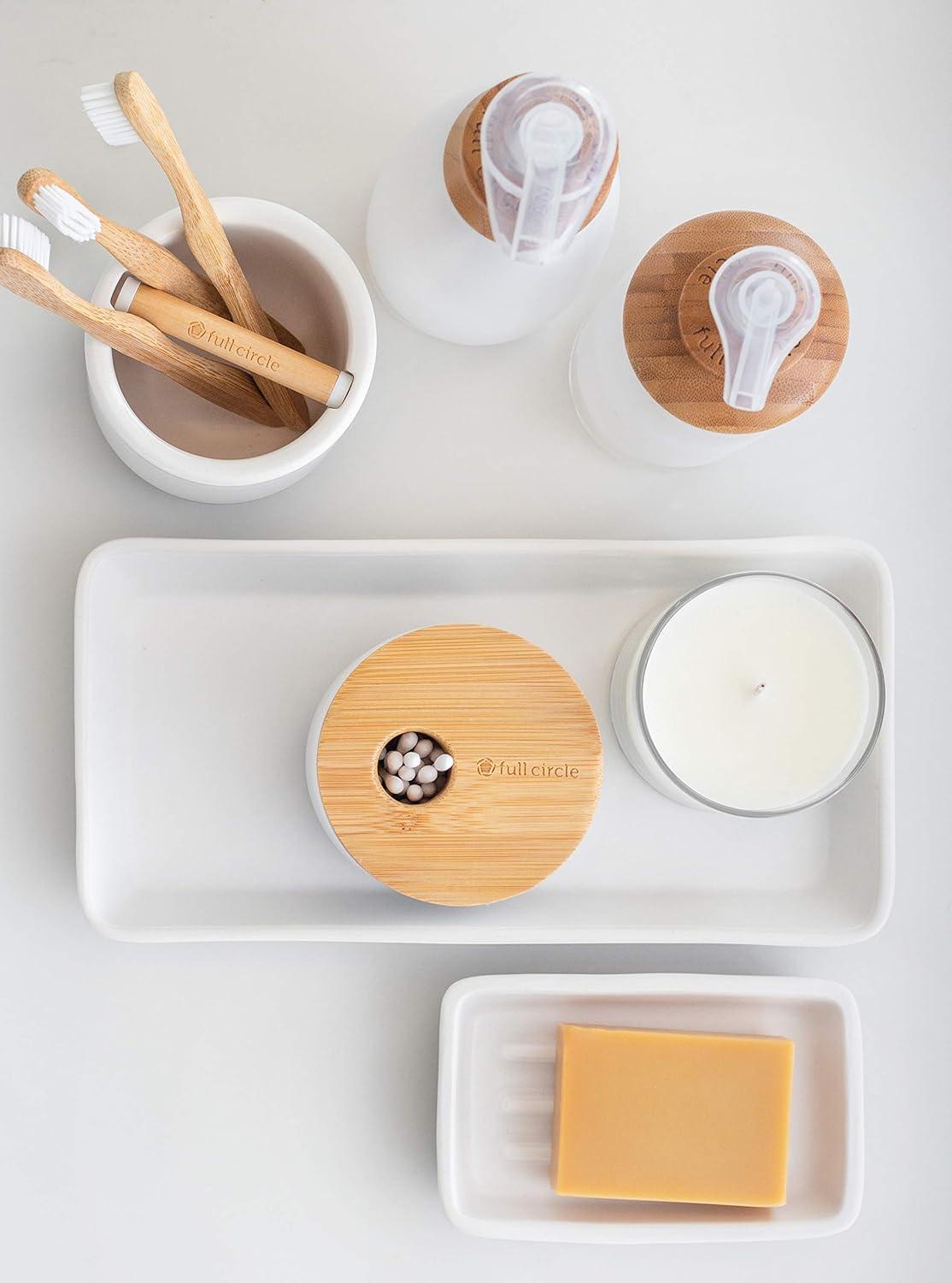 White Ceramic and Bamboo Toothbrush Holder with Absorbent Disk