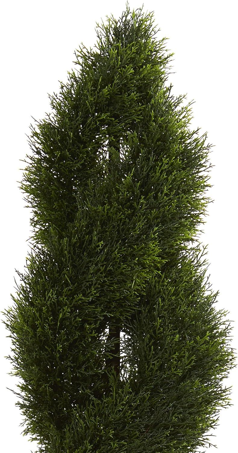 Nearly Natural 5.5ft. Double Pond Cypress Spiral Topiary Artificial Tree in White Tower Planter UV Resistant (Indoor/Outdoor)