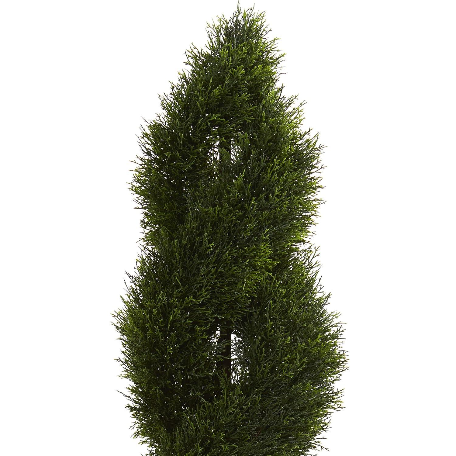 Nearly Natural 5.5' Double Pond Cypress Spiral Topiary Artificial Tree in White Tower Planter UV Resistant