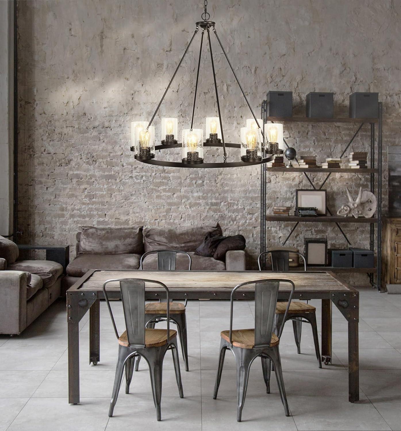 JONATHAN Y JYL7554A Coronet 33.5" 8-Light Iron/Seeded Glass Rustic Farmhouse Round LED Chandelier, Industrial, Vintage for living room, dinning room, bedroom Bulb Included, Oil Rubbed Bronze