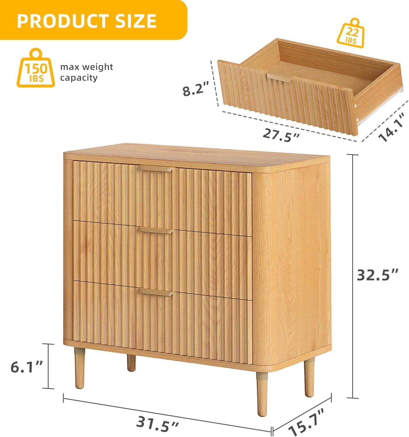 DWVO 3 Drawer Dresser, 32 inch Tall and Wider Modern Closet Dressers Chest of Drawers with Waveform Fluted Panel, Wood Storage Dresser Organizer for Dorms, Flats, Living Rooms, Hallways, Natural Oak