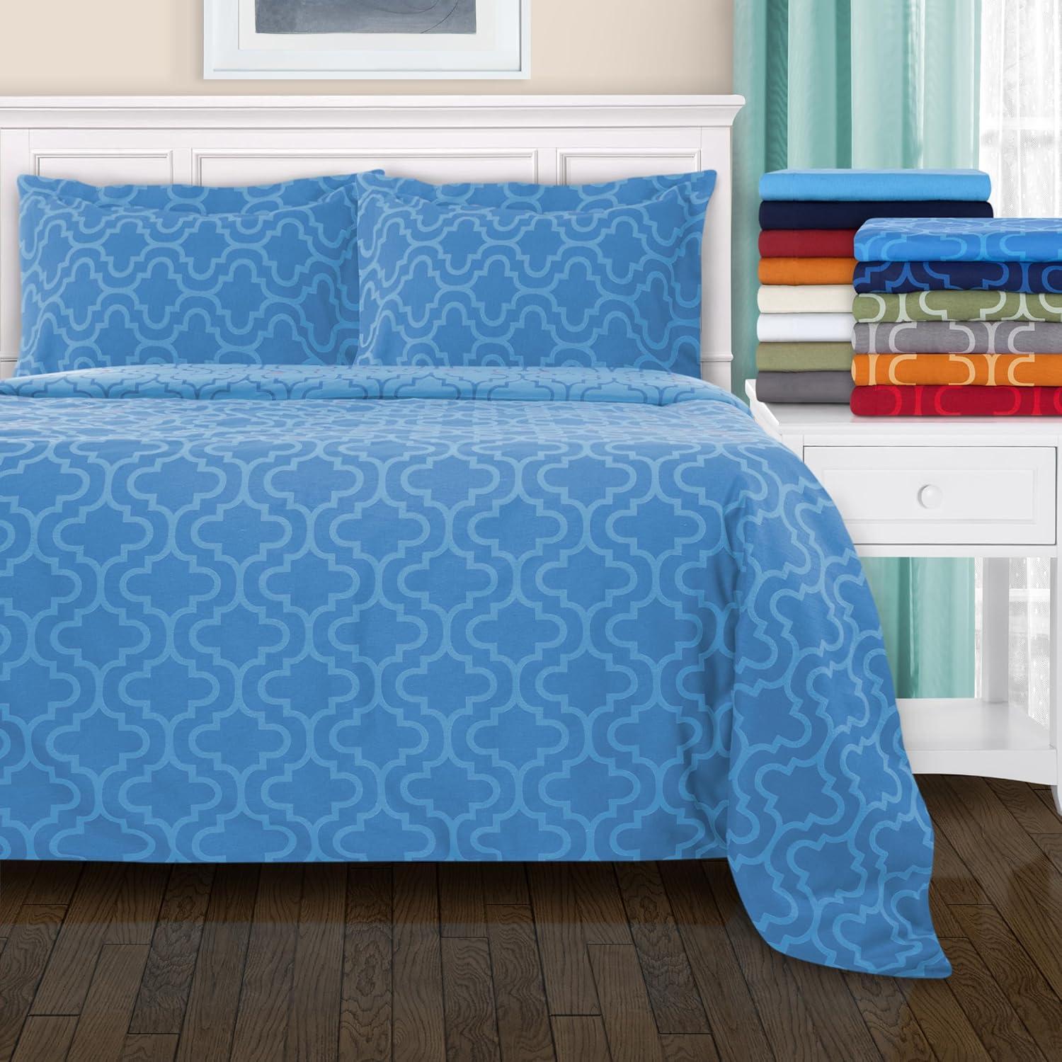 Superior Extra Soft Printed All Season 100% Brushed Cotton Flannel Trellis Bedding Reversible Duvet Cover Set - Light Blue Trellis, King/California King Size