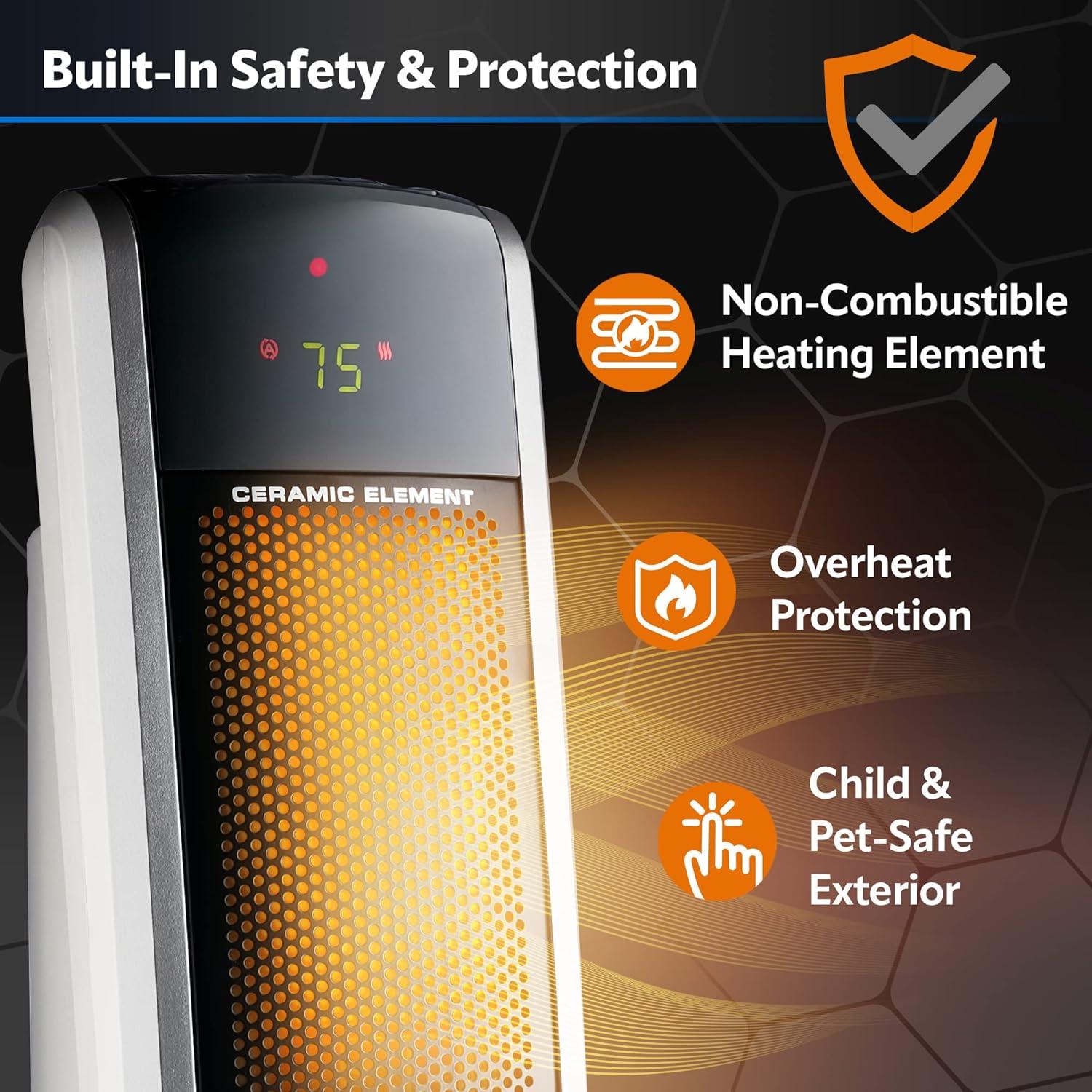 Silver Ceramic Electric Tower Heater with Thermostat and Remote Control