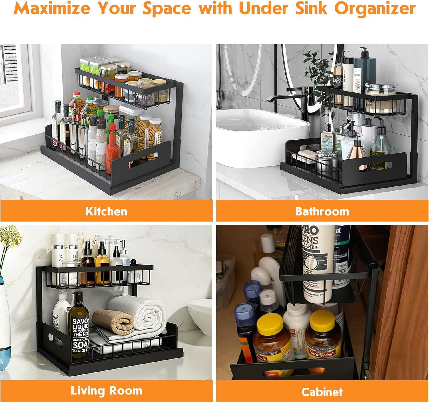 Webetop Under Kitchen Sink Organizers and Storage, 2 Tier Pull Out Cabinet Organizer, Multi-Purpose Sliding Shelf Under Bathroom Drawer- 14.2L x 10.6W x 11H