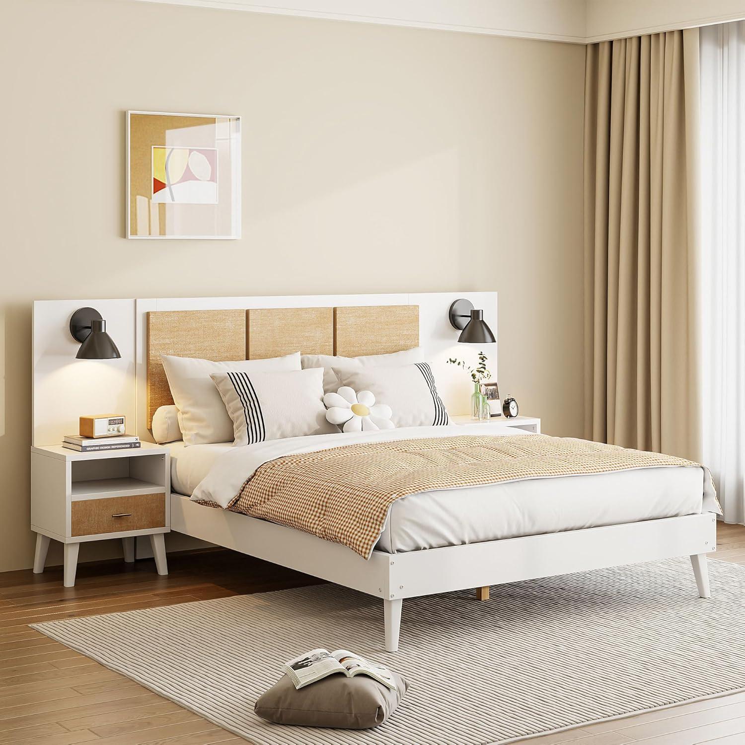 Queen Size Solid Wood Bed Frame with 2 Nightstands, Elegant Rattan and Wood Combination Platform Bed with Lamps, White - ModernLuxe