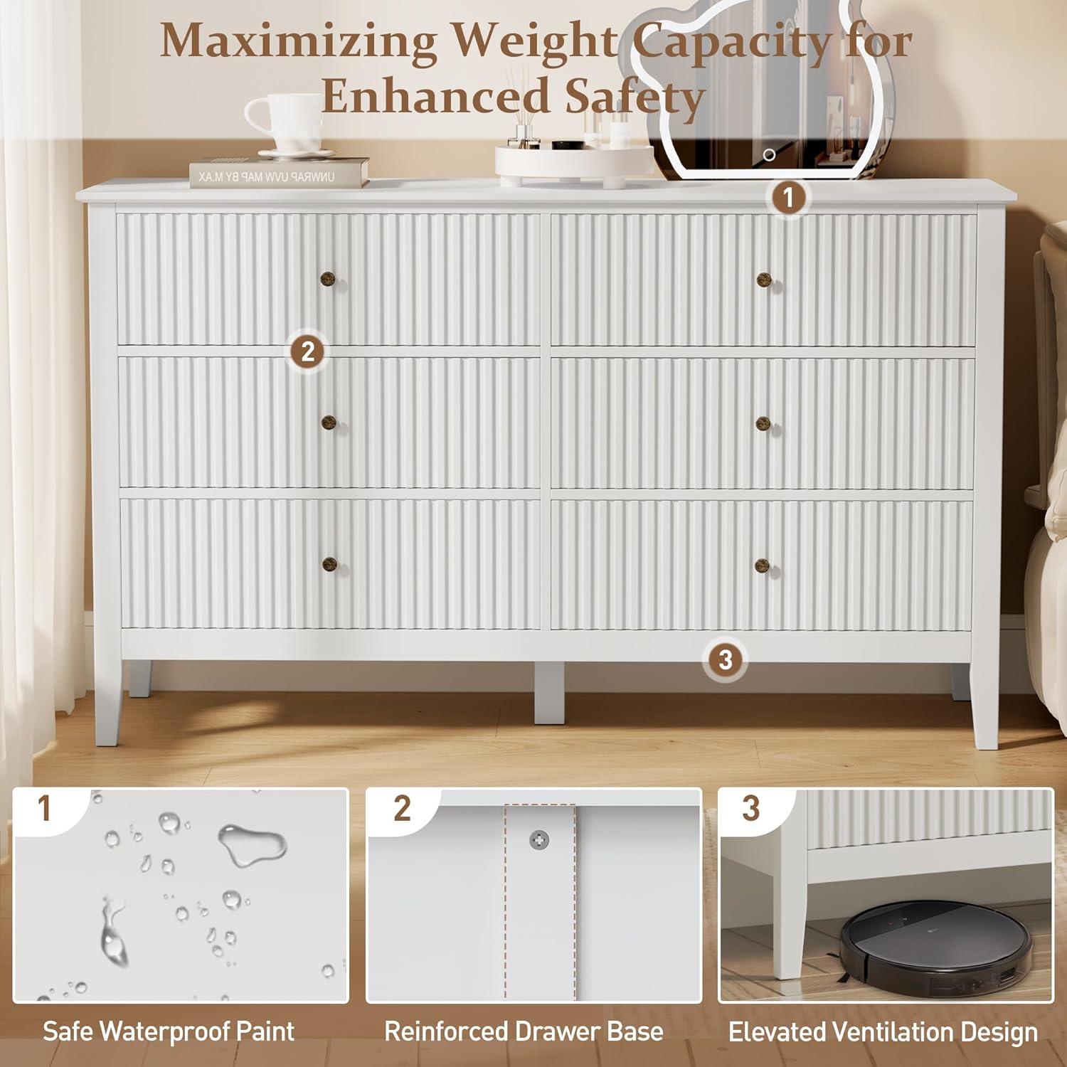 RoyalCraft White Fluted 6-Drawer Double Dresser with Ball Bearing Slides