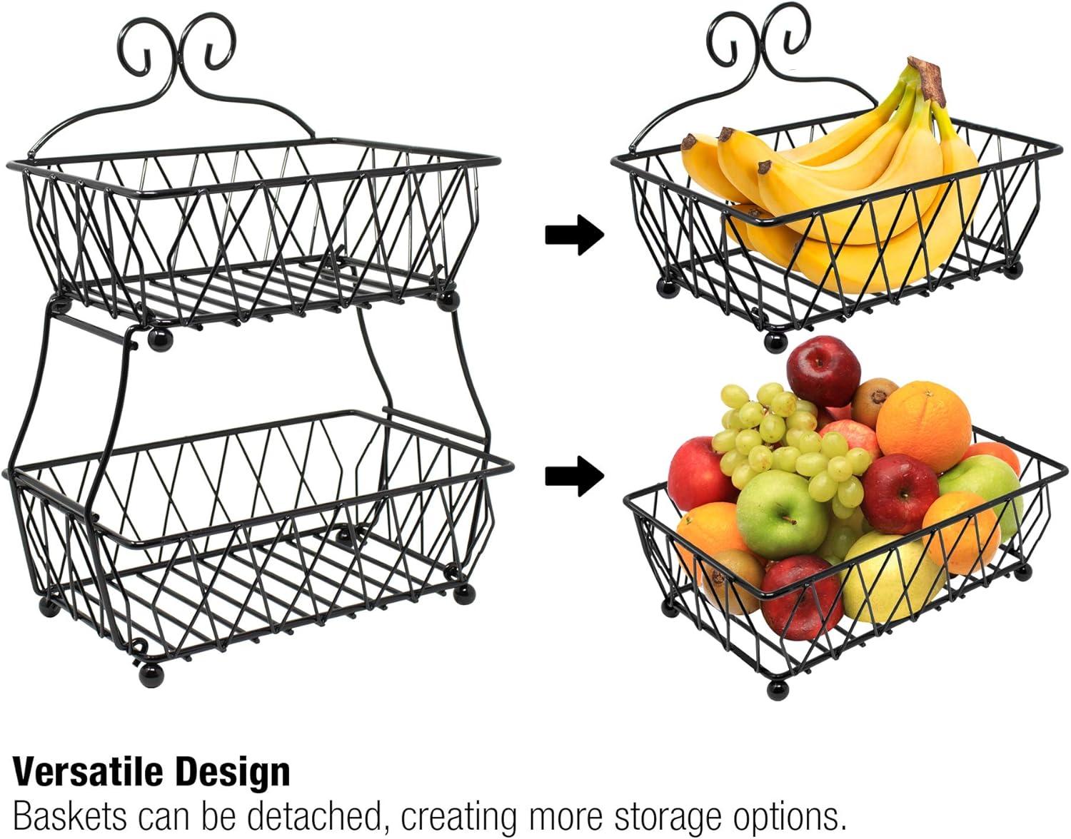 Black Metal 2-Tier Rectangular Fruit Basket Stand