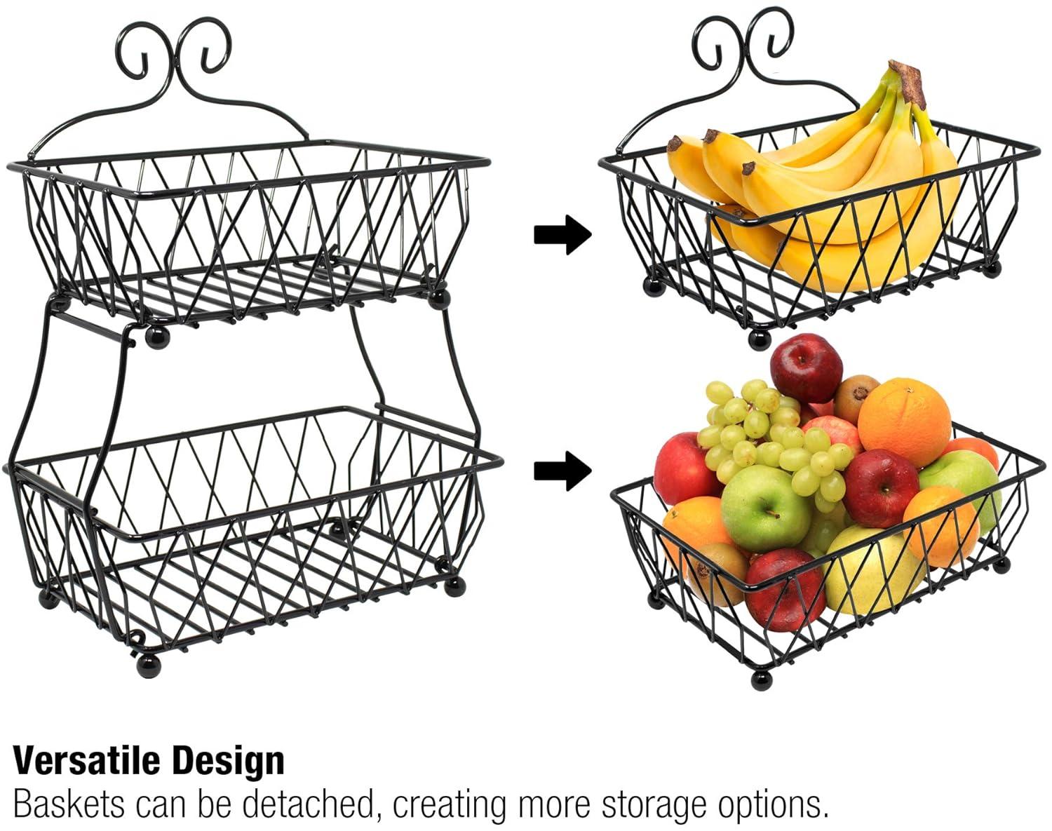 2-Tier Fruit Bread Basket Display Stand, Counter Storage for Kitchen, Bathroom, Rectangular Antique Metal