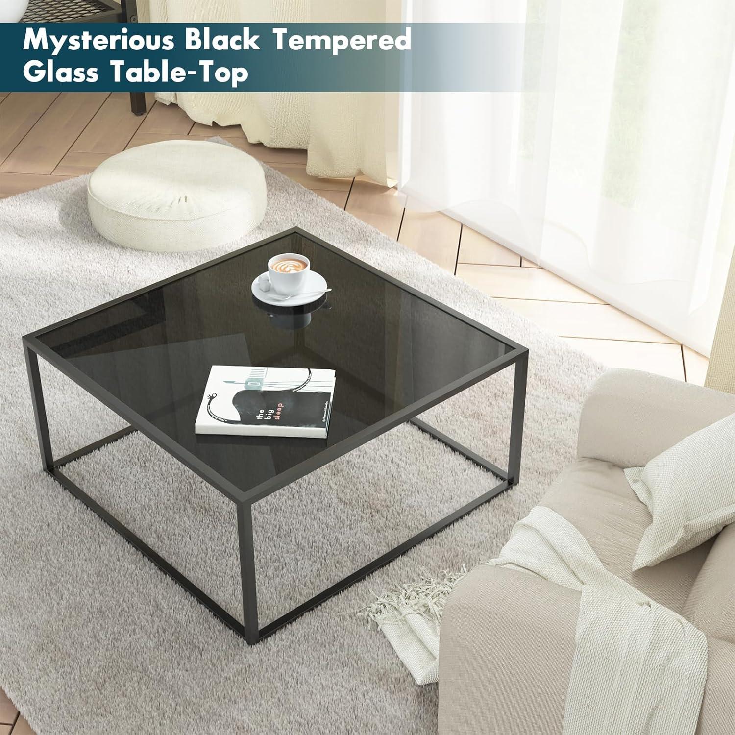 SAYGOER Black Glass Coffee Table Small Modern Coffee Tables 26.7in Square Tempered Glass-Top Accent Center Table for Living Room Home Office with Black Metal Frame Easy Assembly