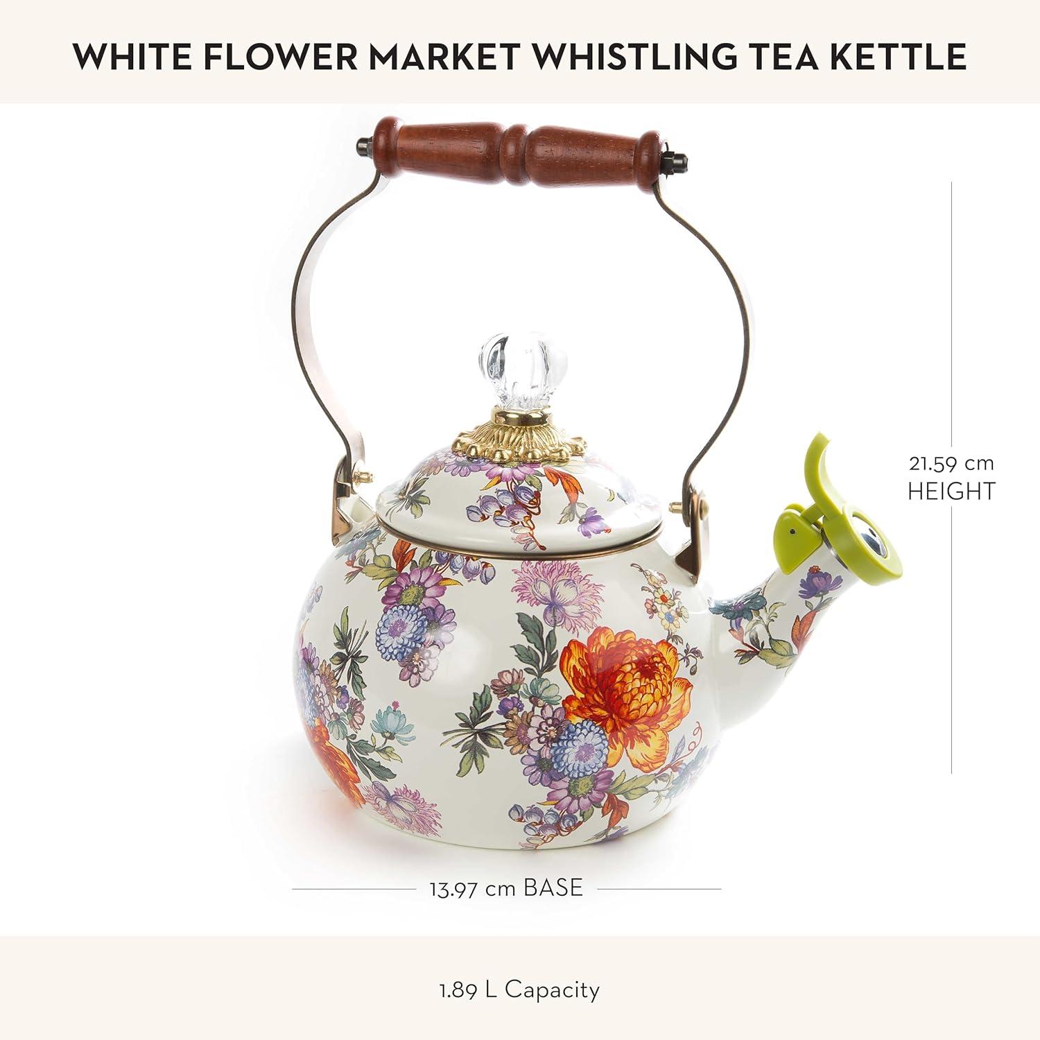 Extra Small Floral Enamel Whistling Tea Kettle with Wooden Handle