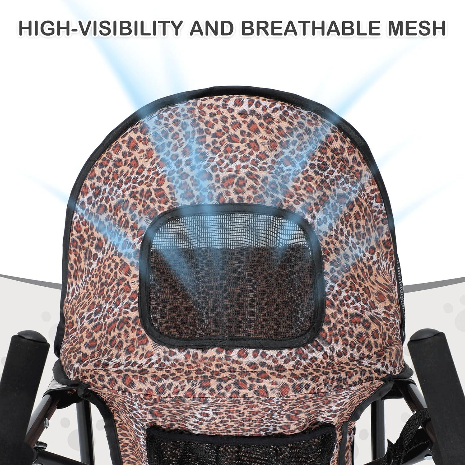 Leopard Print Steel Frame Dog Stroller with Mesh Windows