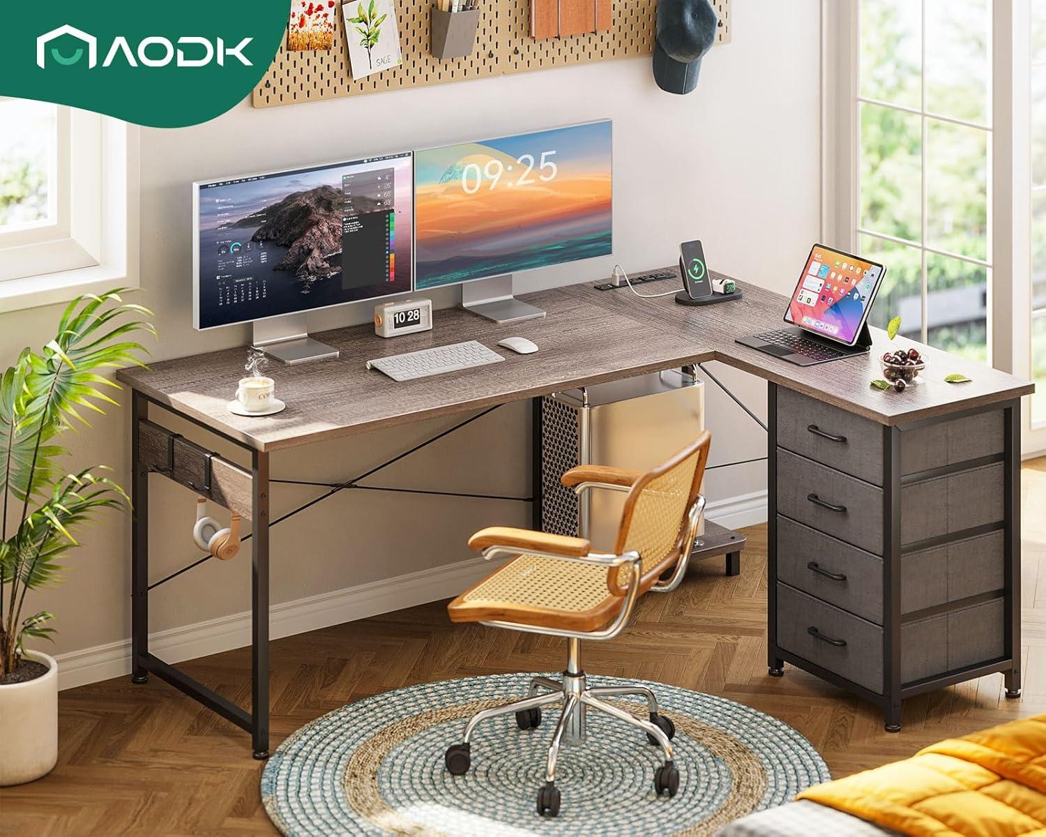 AODK L Shaped Desk with 4 Tier Drawers, 53" Reversible Gaming Desk with Power Outlets, L Shaped Computer Desk with USB Charging Port and Host Stand, Home Office Corner Desk, Easy to Assemble, Grey Oak