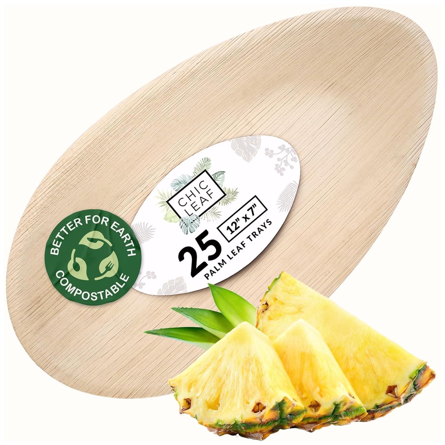 Chic Leaf Disposable Palm Leaf Trays, 17" x 12", 10 Pack, Compostable, Eco-Friendly Platters Charcuterie Board