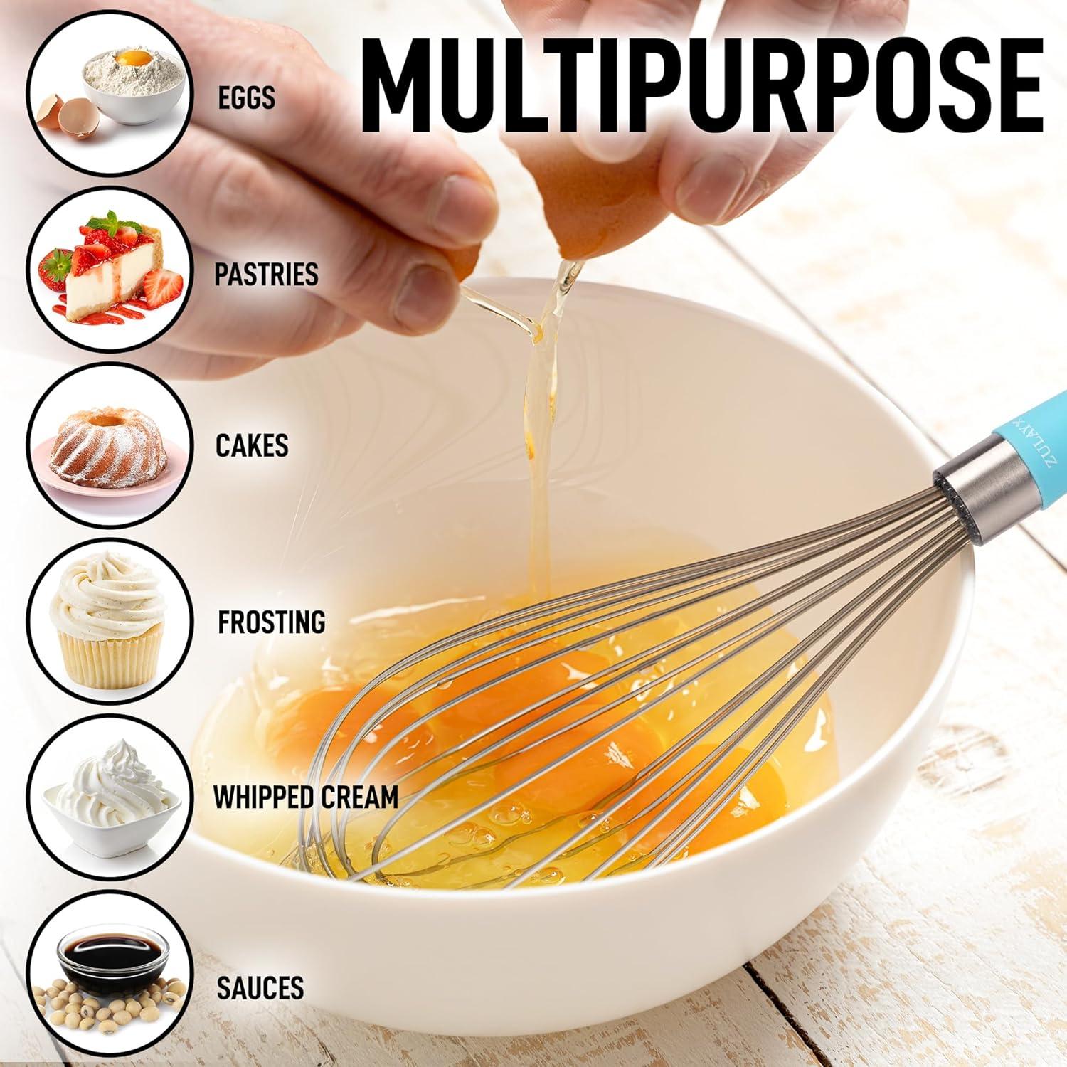 Zulay Kitchen Stainless Steel Balloon Whisk 12 Inch – Heavy Duty and Durable Wire Whisk with Non-Slip Silicone Handle for Blending, Whipping & Beating - Light Blue
