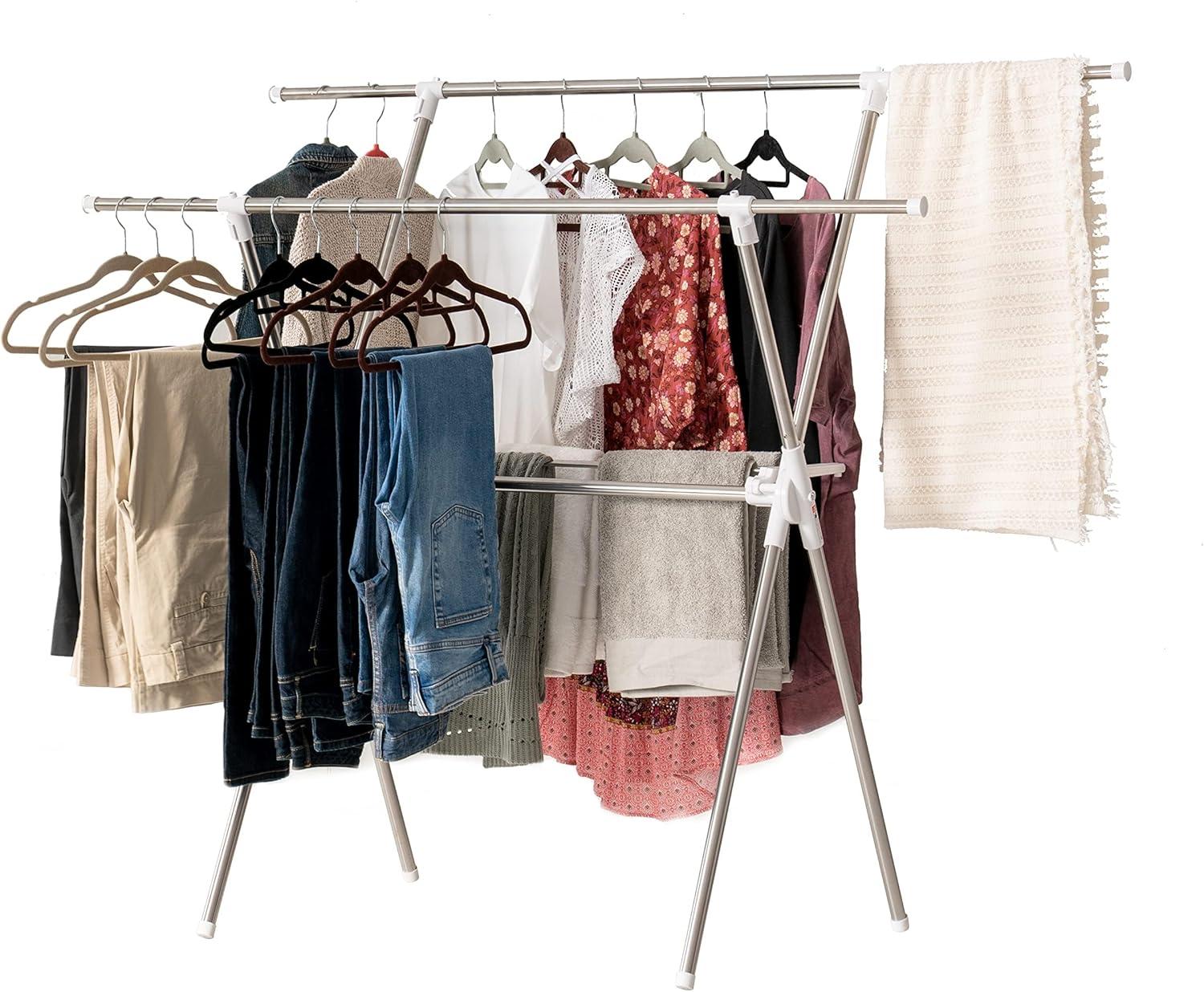 Silver Foldable Clothes Drying Rack with Extendable Rods