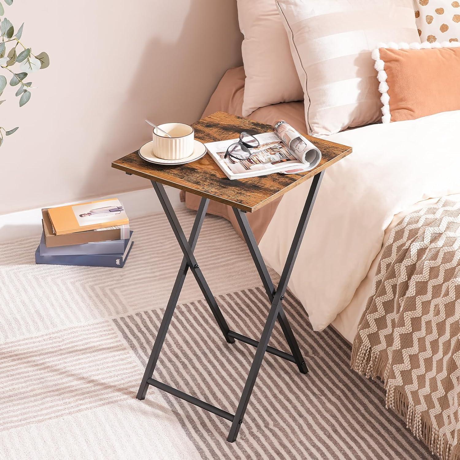 Rustic Brown and Black Folding TV Tray Table with Metal Frame