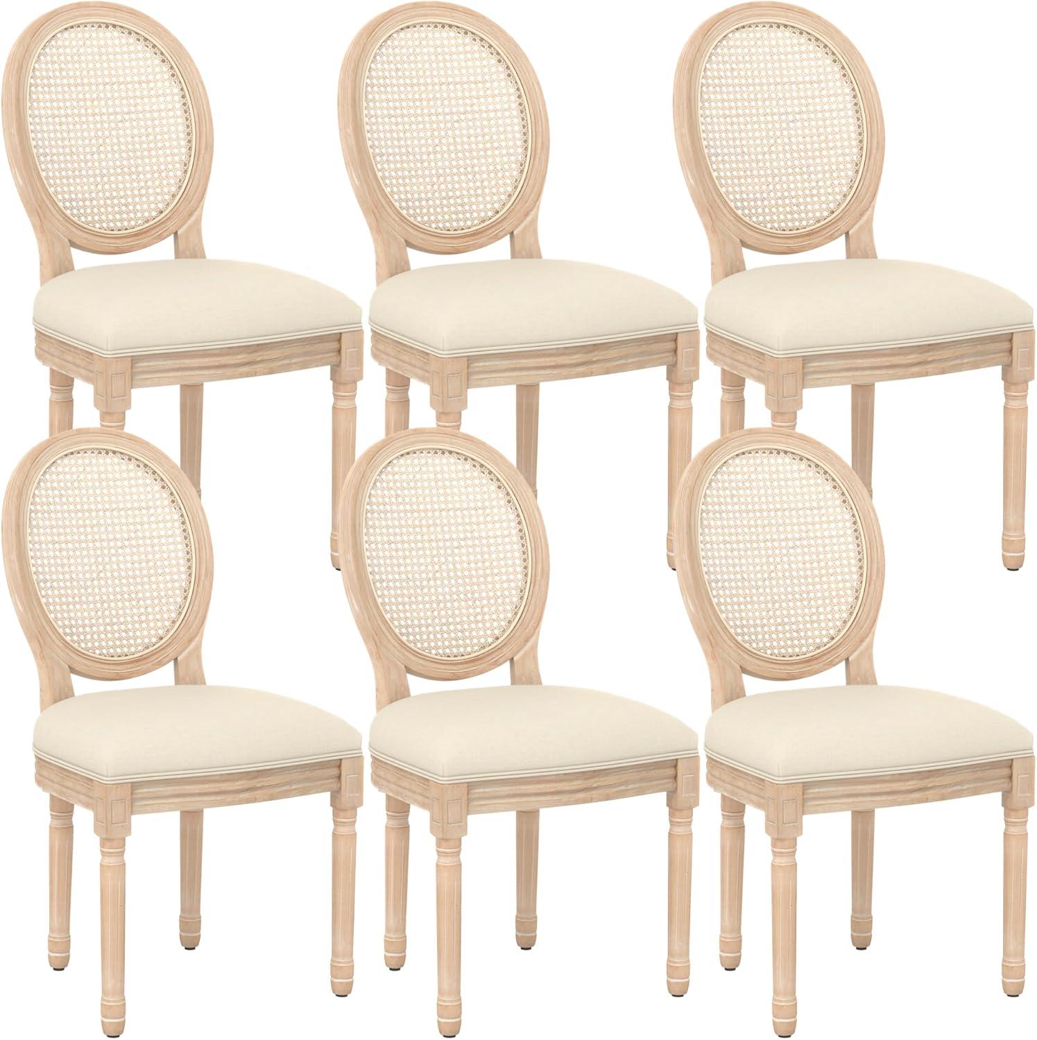 One Allium Way® French Style Rattan Back Solid Wood Upholstered Dining Chairs(Set of 6)