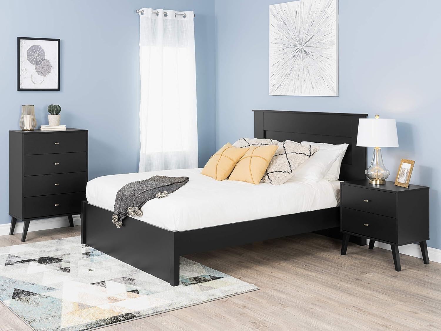 Mid Century Modern 2 Drawer Wide Nightstand Black - Prepac: Sleek Bedside Furniture, Tapered Legs