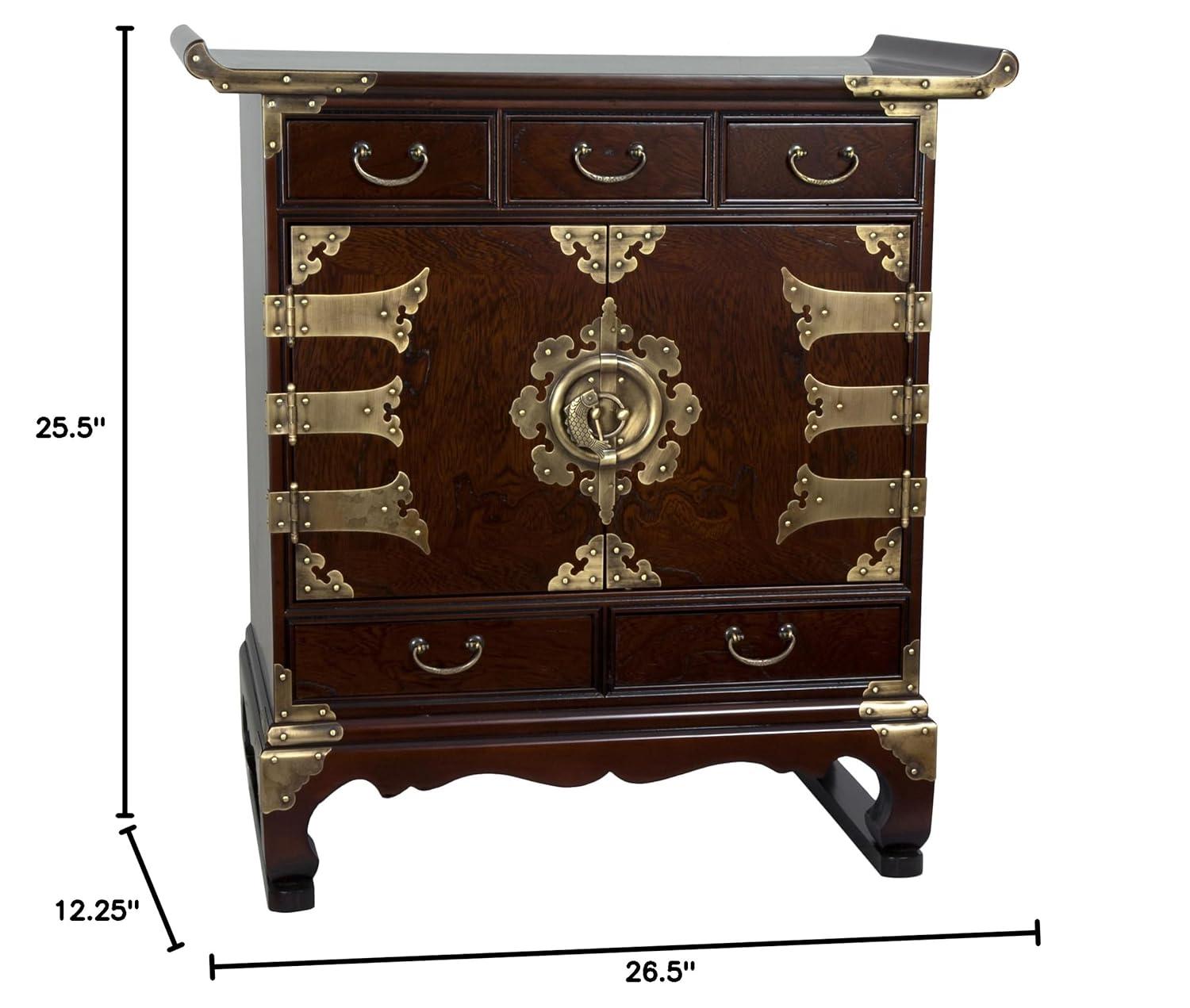 Red Lantern Korean Antique Style 3 Drawer End Table Cabinet, Cognac
