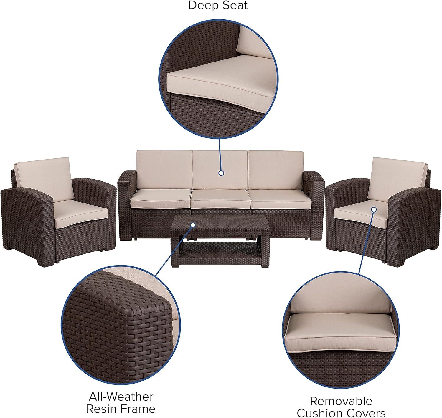 Merrick Lane 4 Piece Dark Gray Faux Rattan Patio Furniture Set with 2 Chairs and Sofa with Removable Light Gray Cushions and Table