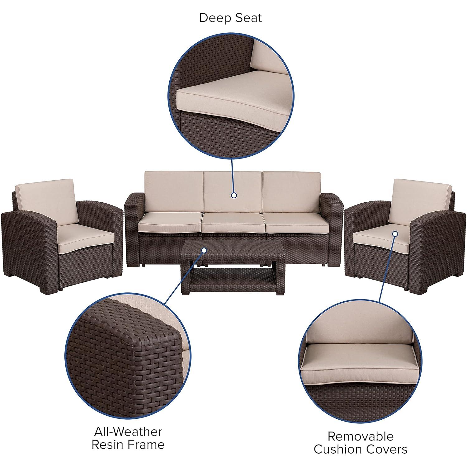 Merrick Lane 4 Piece Dark Gray Faux Rattan Patio Furniture Set with 2 Chairs and Sofa with Removable Light Gray Cushions and Table