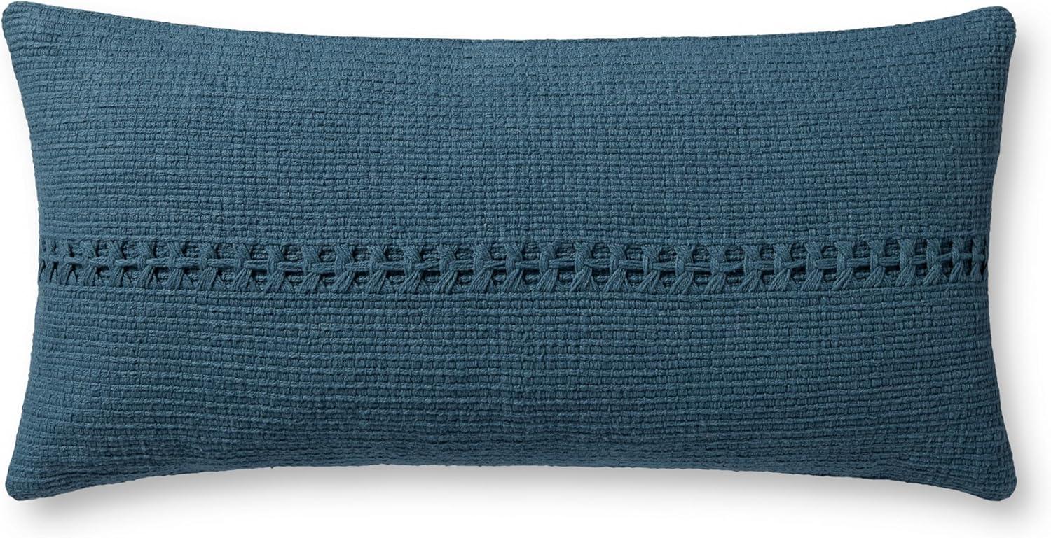 Blue Cotton Lumbar Pillow with Down Insert, 12'' x 27''