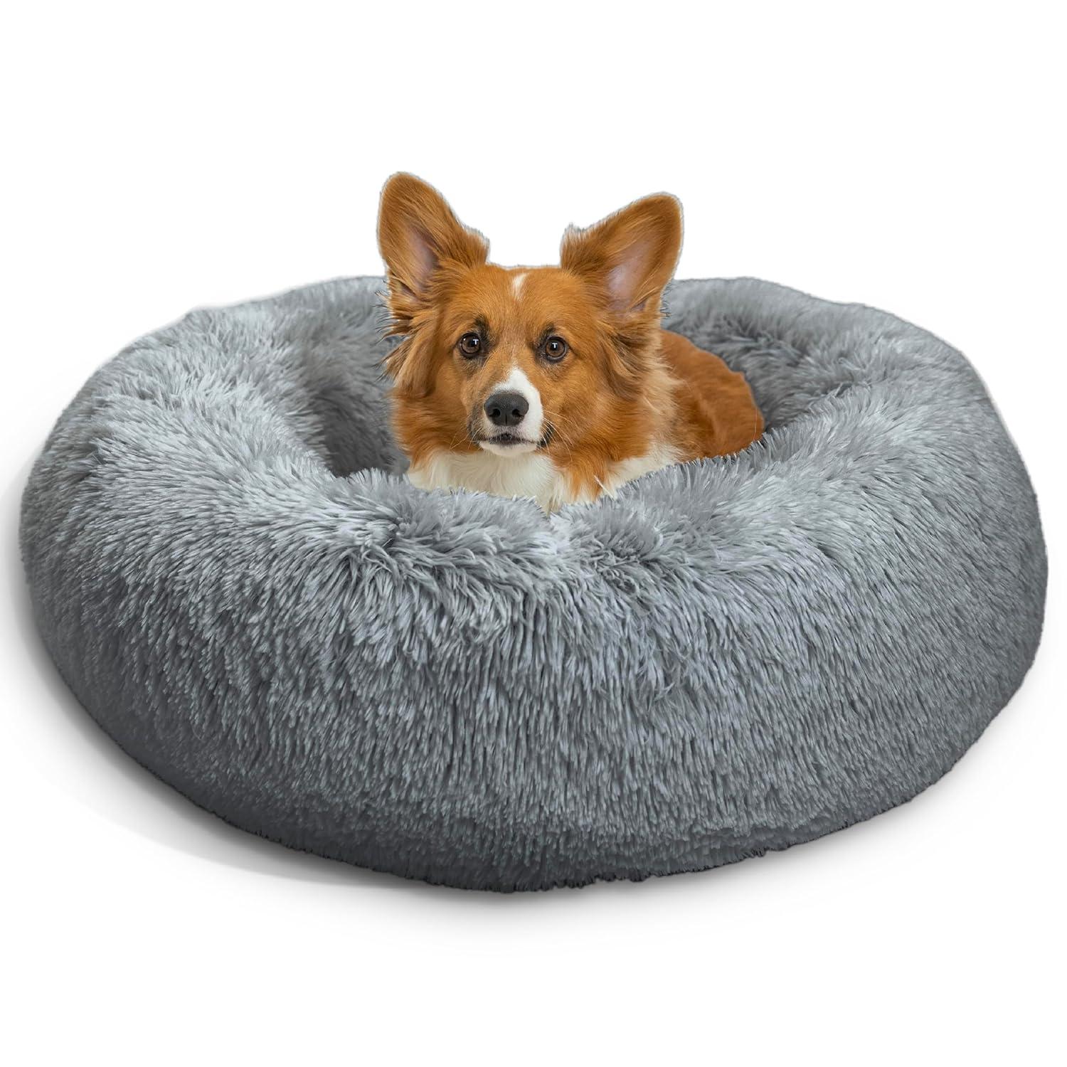 Best Friends by Sheri The Original Calming Donut Dog and Cat Bed in Shag Fur Gray, Small 23x23"
