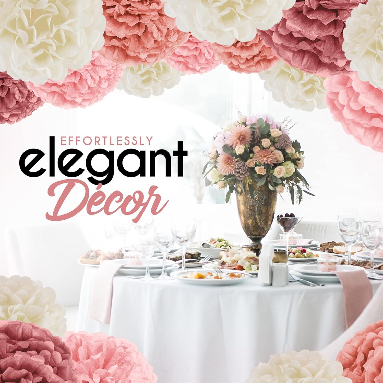 EpiqueOne 20 Piece Tissue Paper Pom Poms Party Kit - Colorful Paper Flower Wall Decorations - Pink Rose