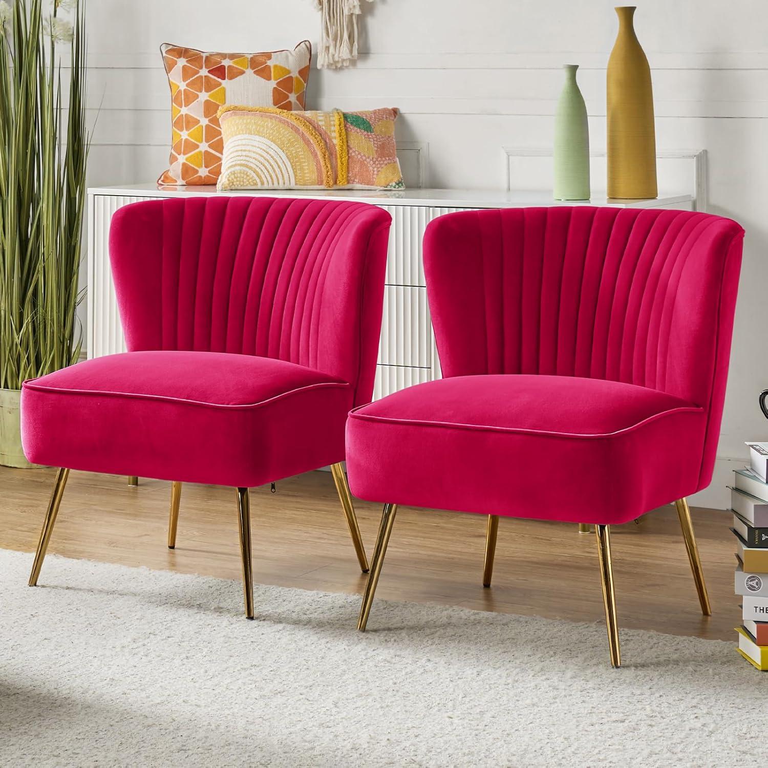 Fuchsia Velvet Armless Accent Chair Set with Gold Legs