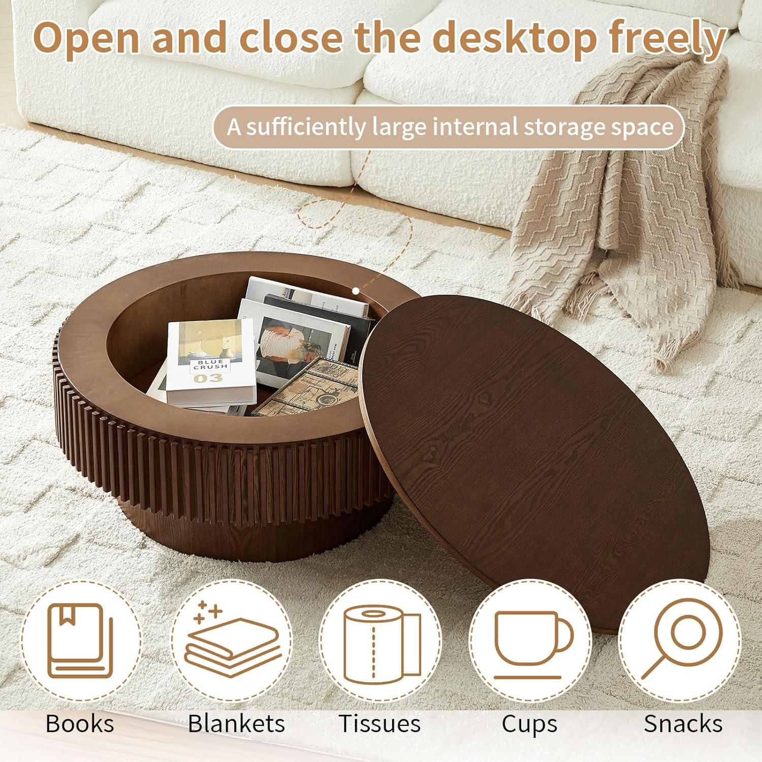 31.5" Round Wood Coffee Table with Storage - Modern Drum Circle Fluted Side Table for Apartment, Office - Easy Assembly, Walnut