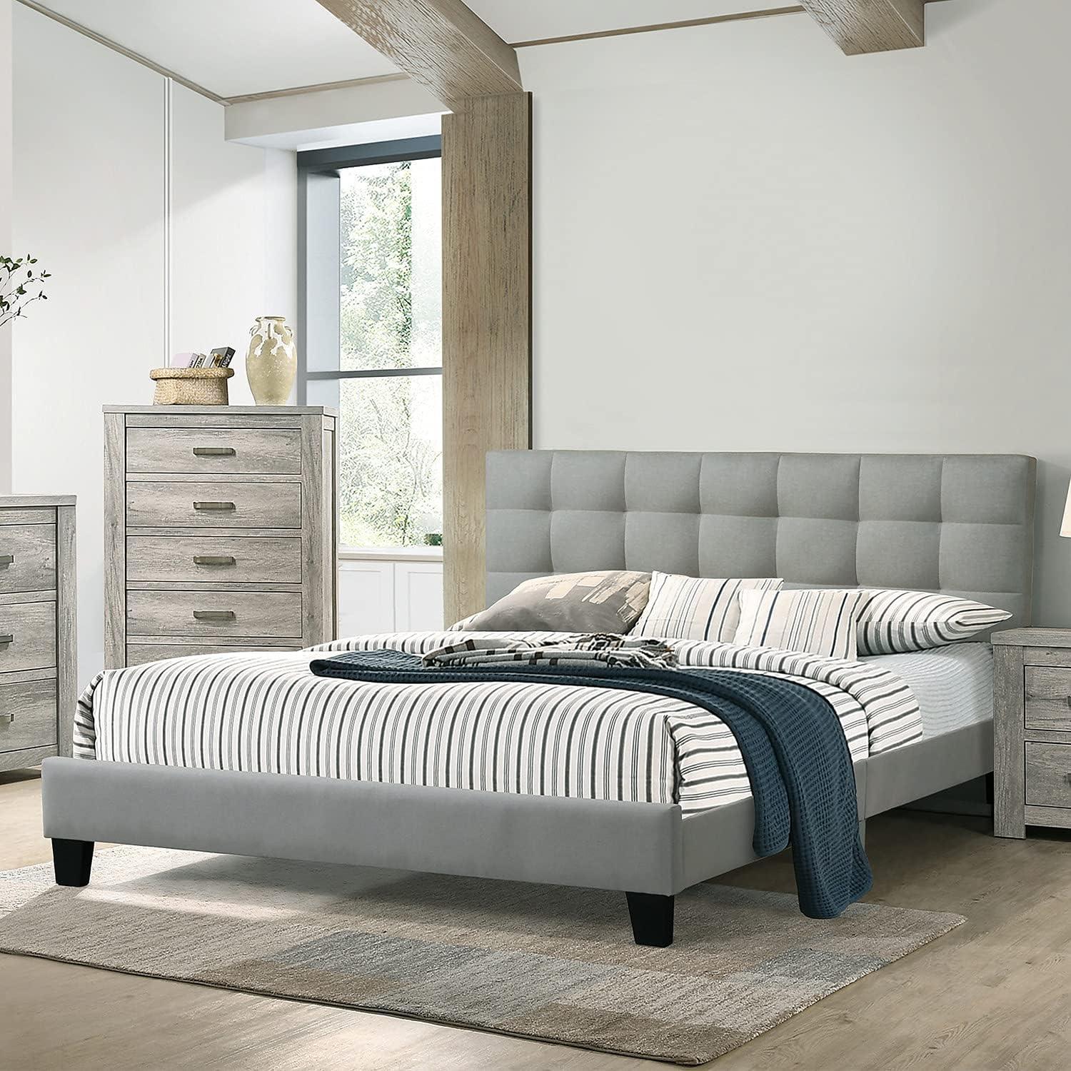 California King Gray Upholstered Platform Bed with Tufted Headboard