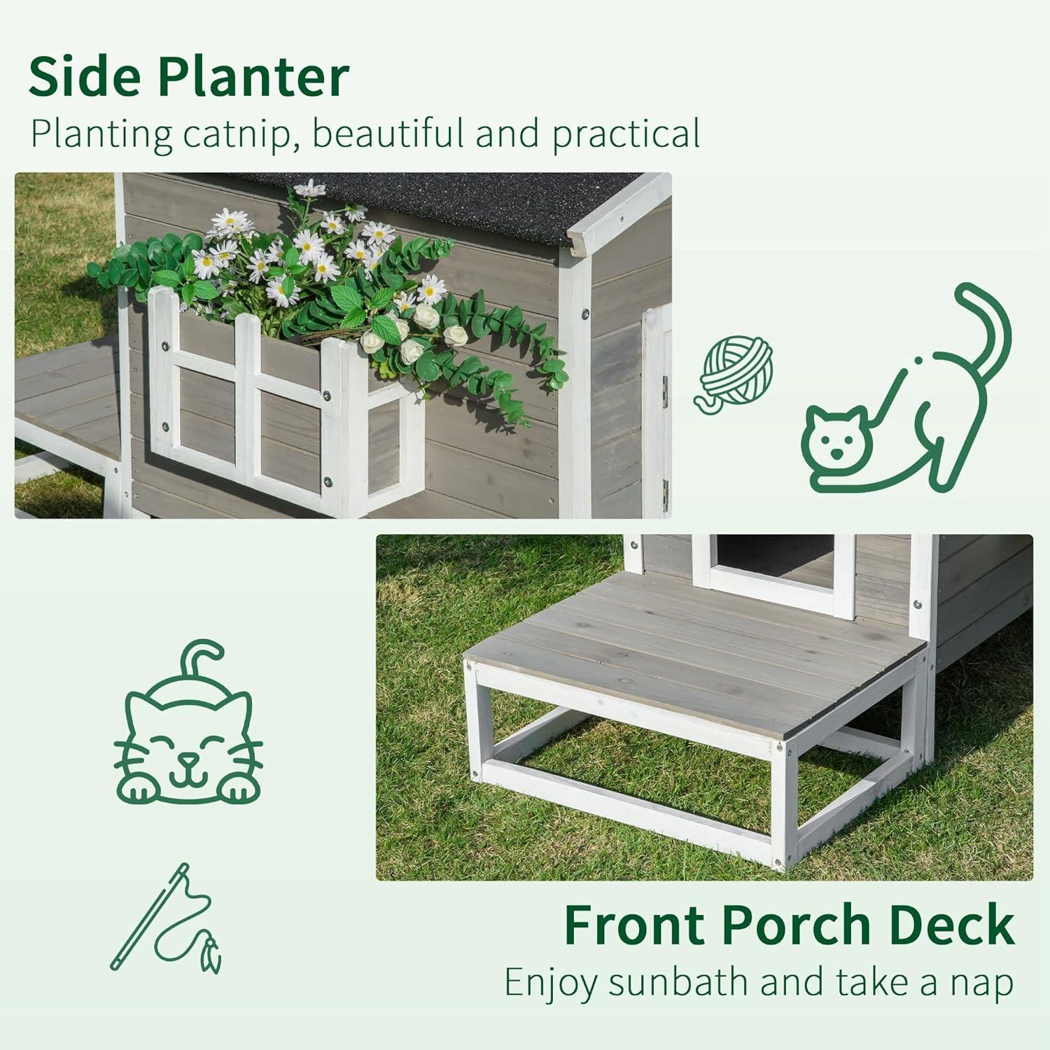 PawHut Wooden Wooden Cat House Feral Cat Shelter Kitten Condo with Escape Door, Porch and Flower Stand - Dark Gray/White