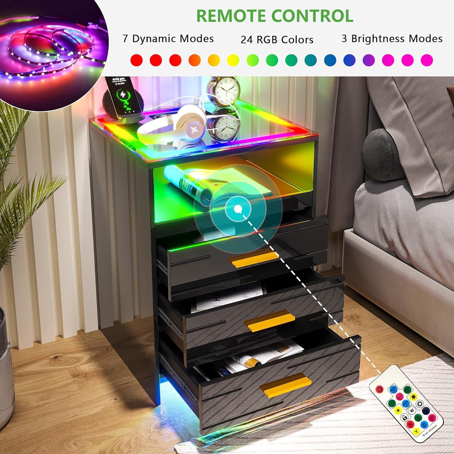 HNEBC Smart LED Nightstand with Wireless Charging & USB Ports, High Glossy Night Stand with 3 Drawers and 1 Pull-Out Tray, Modern Bedside Table with Human Sensor for Bedroom (White)