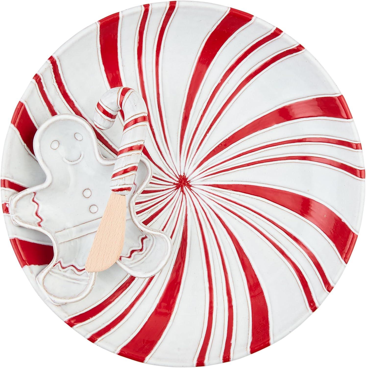 Red and White Ceramic Peppermint Chip and Dip Set