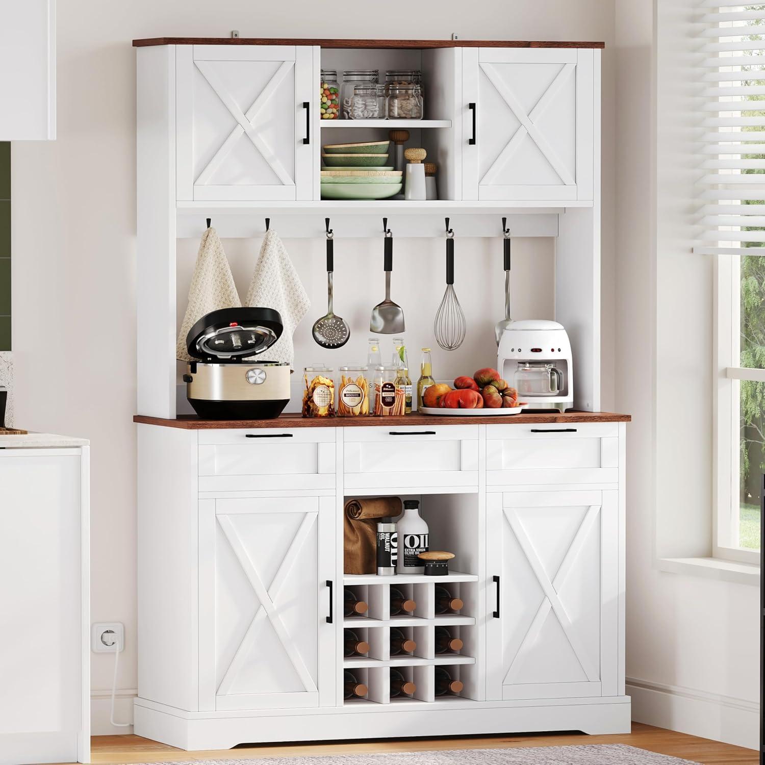 White Farmhouse Freestanding Kitchen Pantry with Barn Doors and Shelves