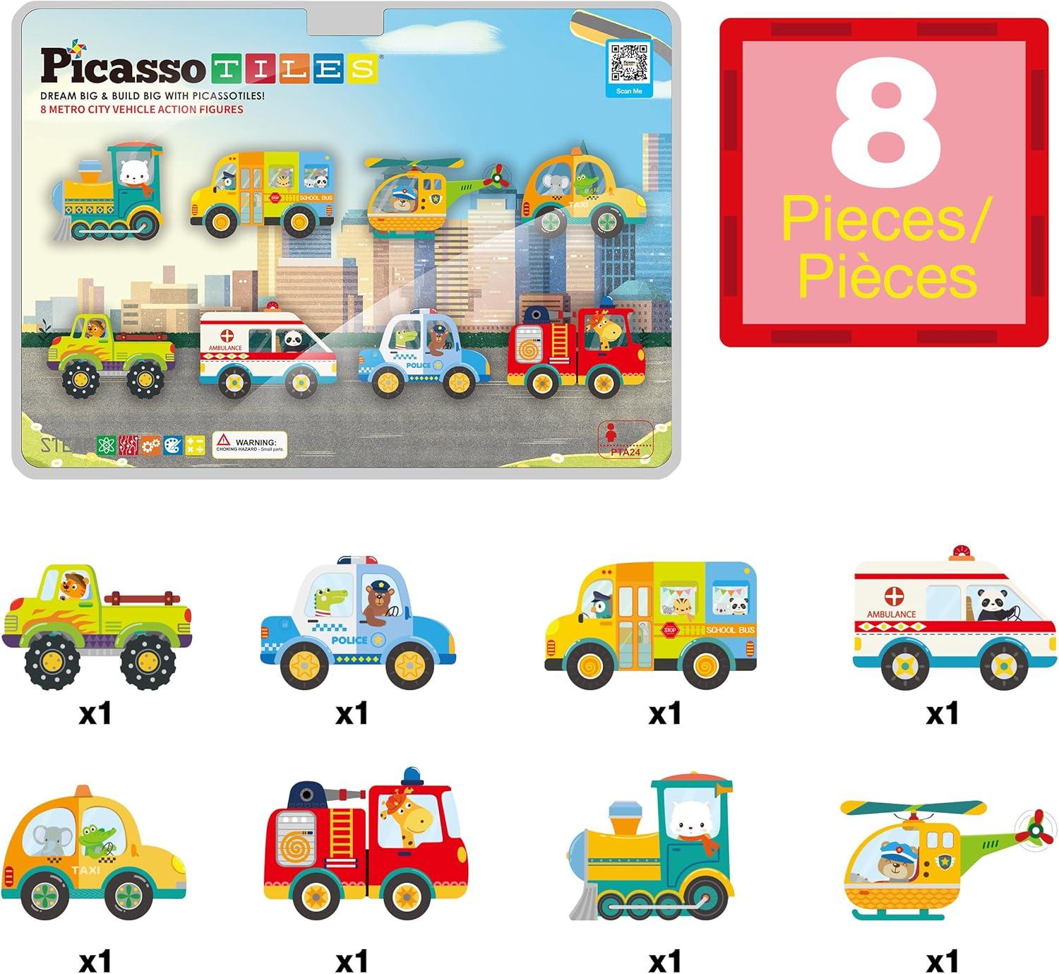 Picasso-TILES 8 PC Metro City Vehicle Themed, Magnetic Tiles, Building Blocks, STEM Toys for Kids 3+