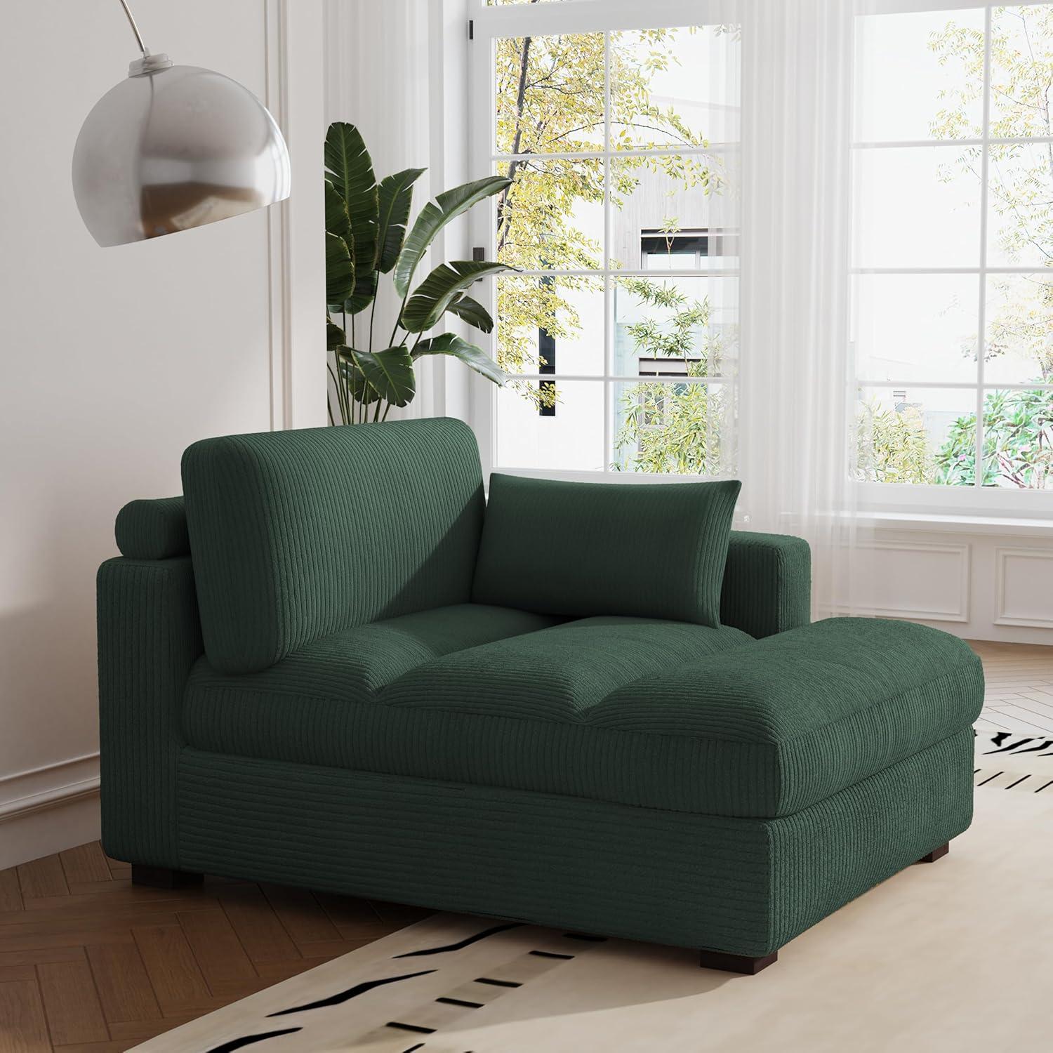 Hunter Green Corduroy Chaise Lounge with Solid Wood Frame