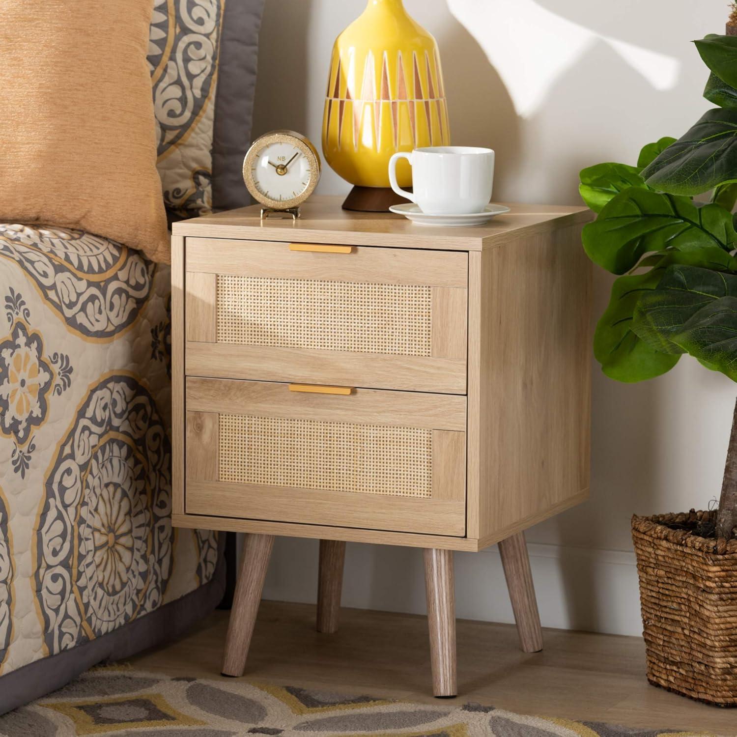 Baird Wood and Rattan 2 Drawer Nightstand Brown - Baxton Studio: Bohemian Style, Gold Tone Handles