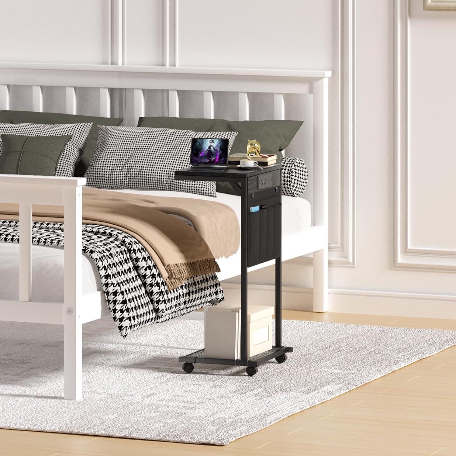 C-Shaped Side Table, Small End Table with Storage Bag, Couch Side Table with Sturdy Frame, Sturdy Slide Under Sofa Table, TV Tray Table for Living Room, Bedroom, Rustic Brown and Black BF40SF01