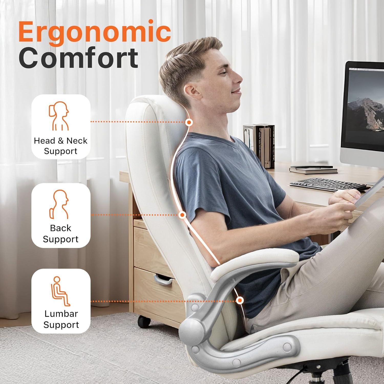 Neo Chair executive office chair cushioned 8 Hours Comfort, Heavy Duty Design, ergonomic back support flip-up armrest, White