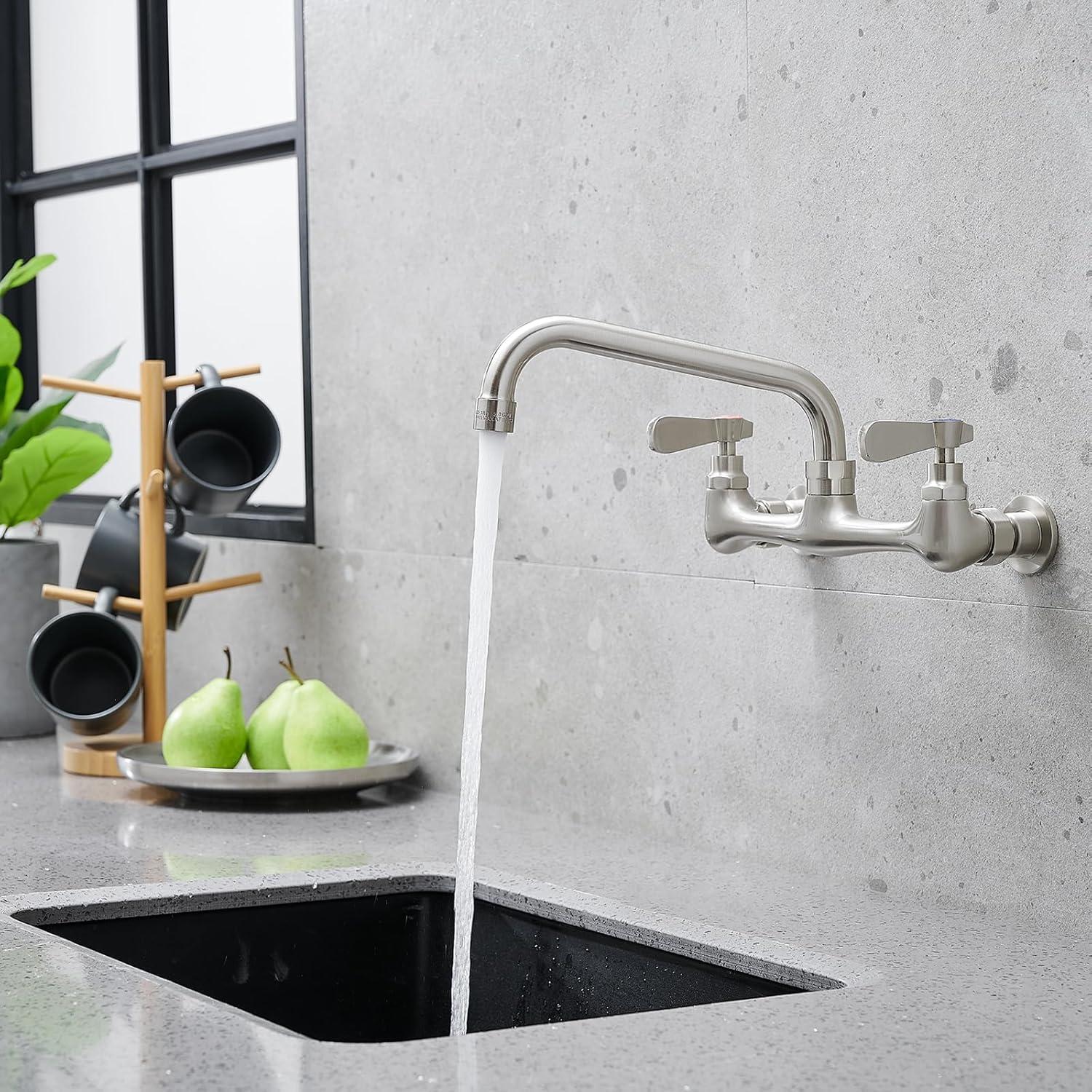 BWE Double Handles Wall Mount Modern Standard Kitchen Faucet With 8 Inch Swivel Spout 8" Center