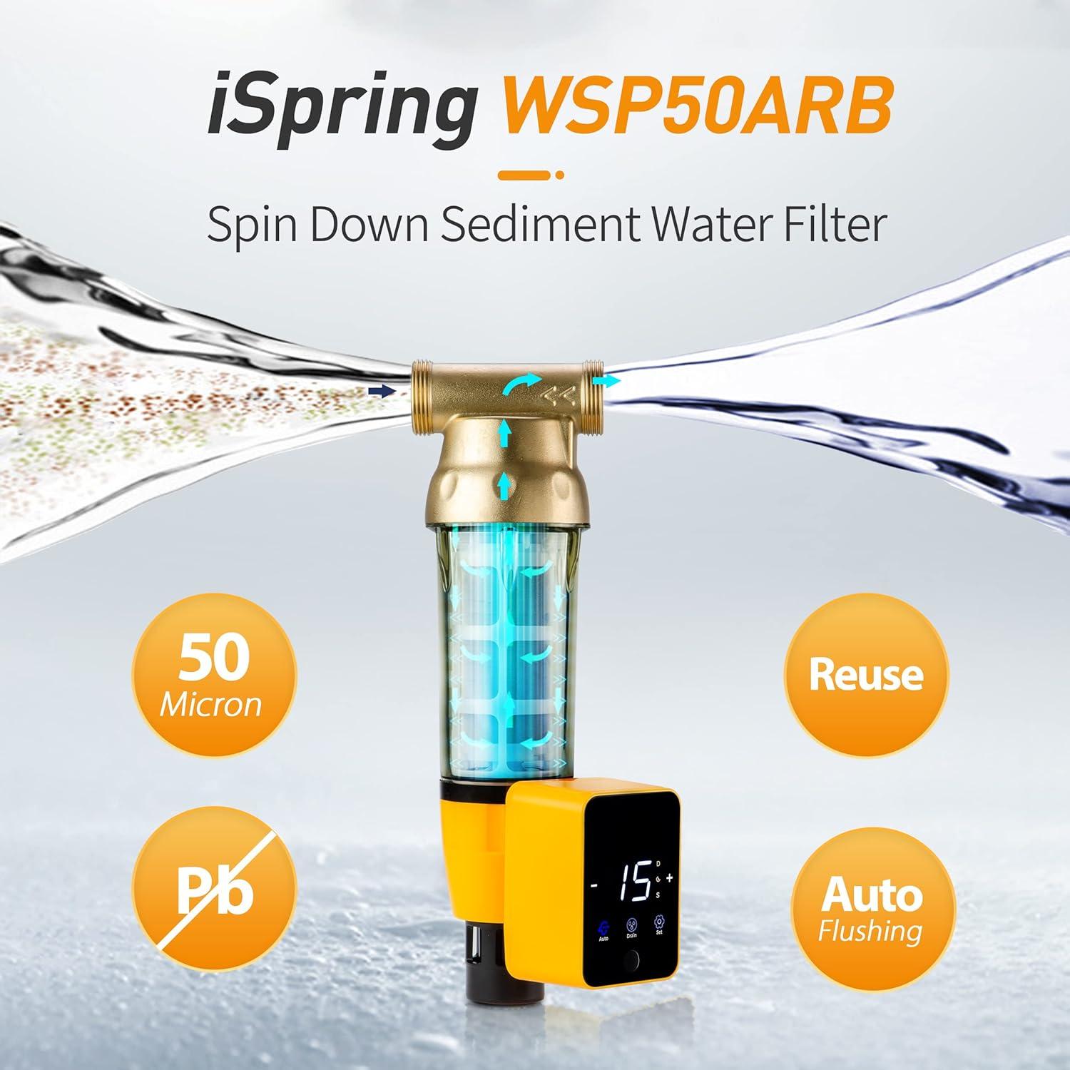 iSpring WSP50ARB Spin Down Sediment Water Filter, Reusable with Touch-Screen Auto Flushing Module and Built-in Housing Scraper, Brass Top Clear Housing, 50 Micron