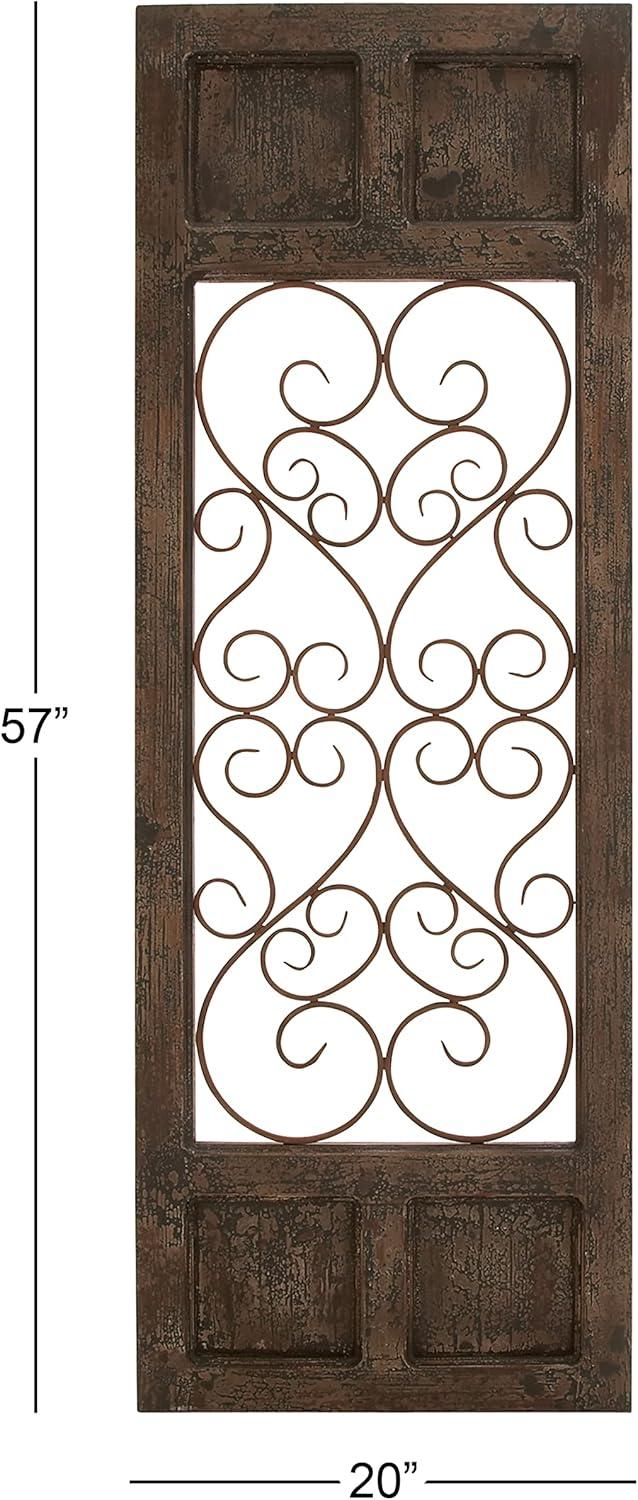 Olivia & May Traditional Wood Scroll Window Inspired Wall Decor with Metal Scrollwork Relief Brown: Vertical Iron Frame, Carved Art Object